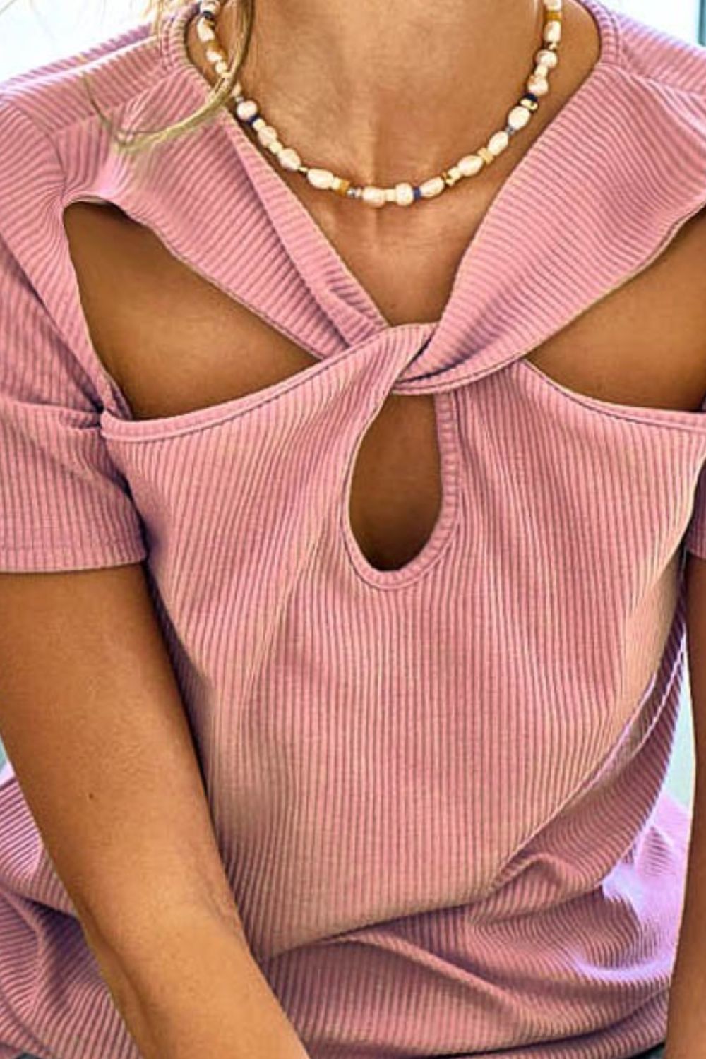 Rib Knit with Cut Out and Front Twist Detailed Top