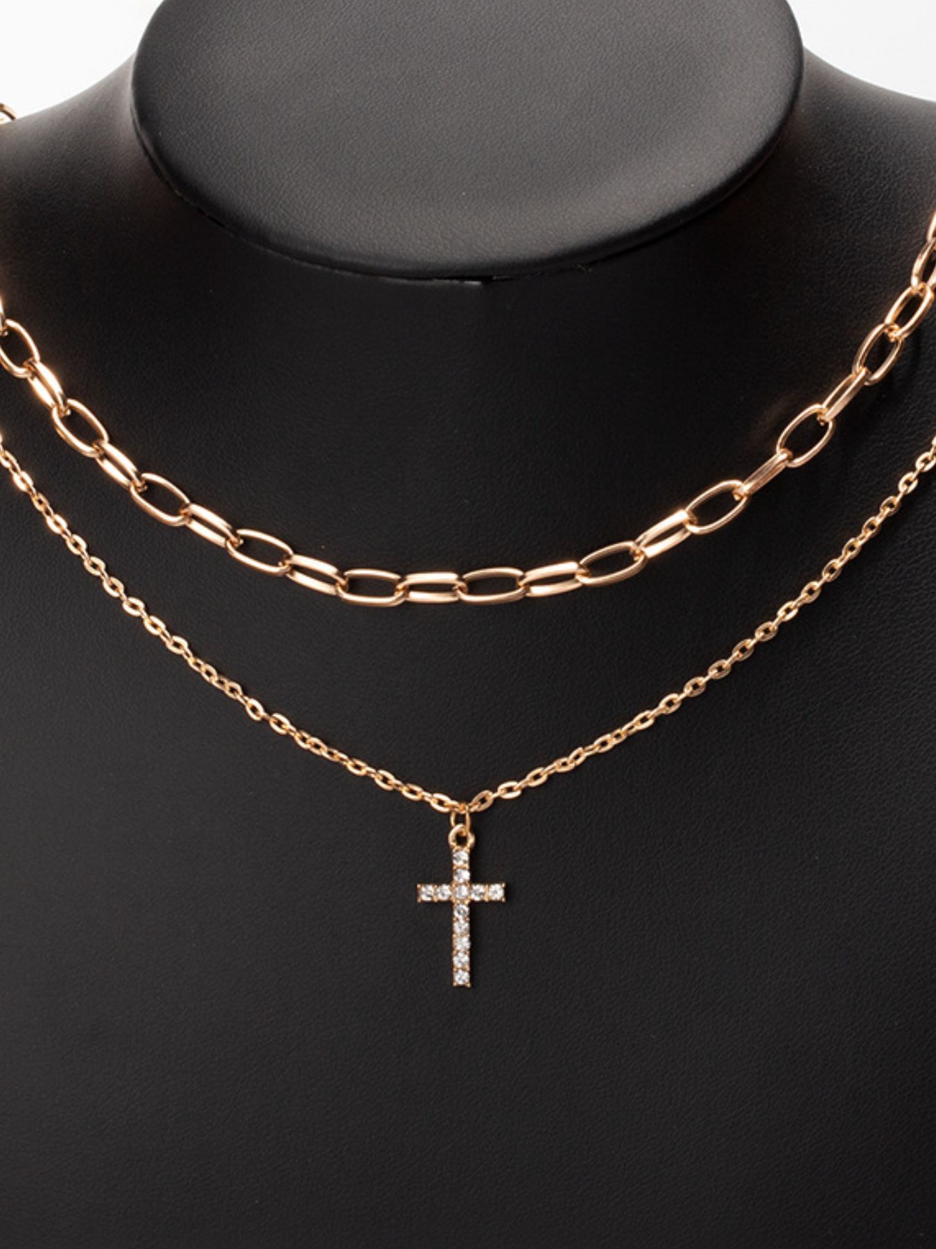 Double Layered Inlaid Zircon Cross Pendant Necklace