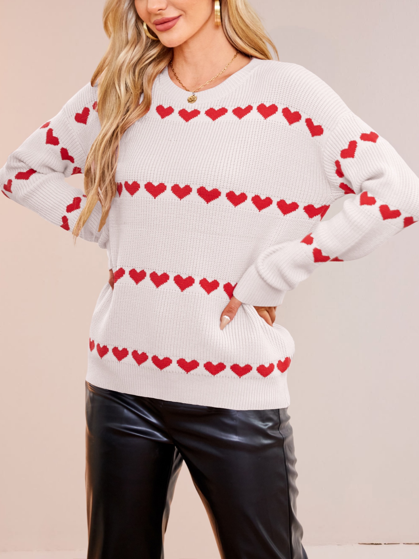 Heart Pattern Dropped Shoulder Sweater