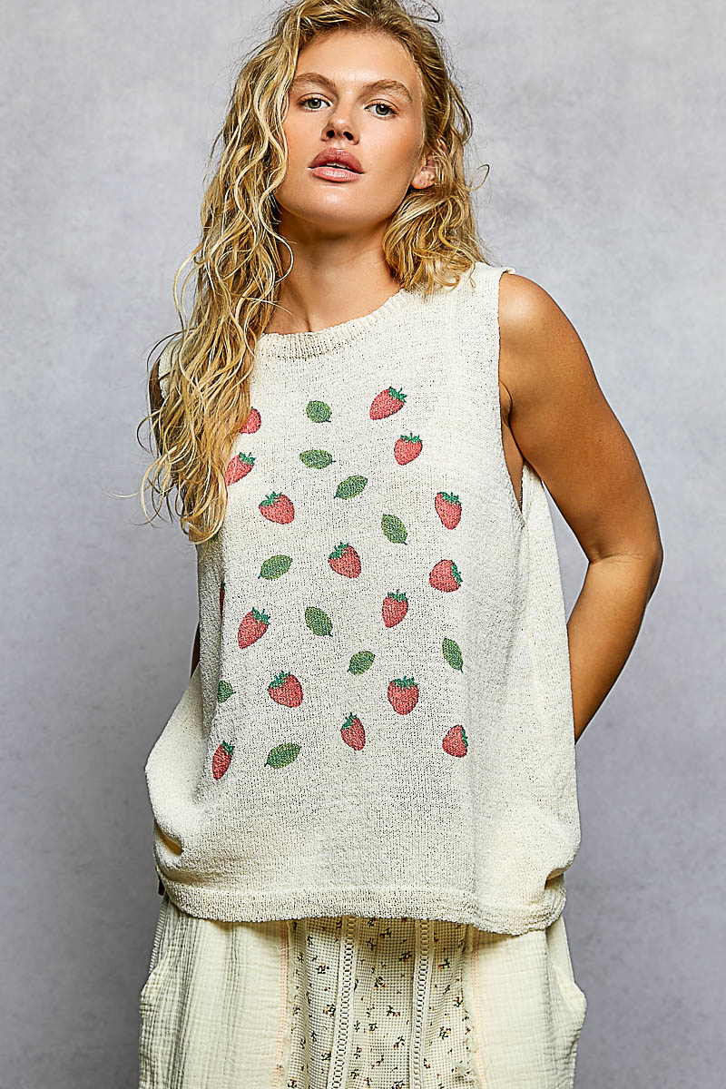 Strawberry Pattern Round Neck Sleeveless Sweater Top