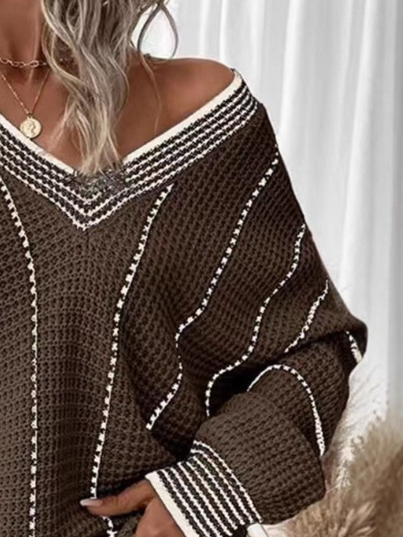 V-Neck Textured Knit Sweater