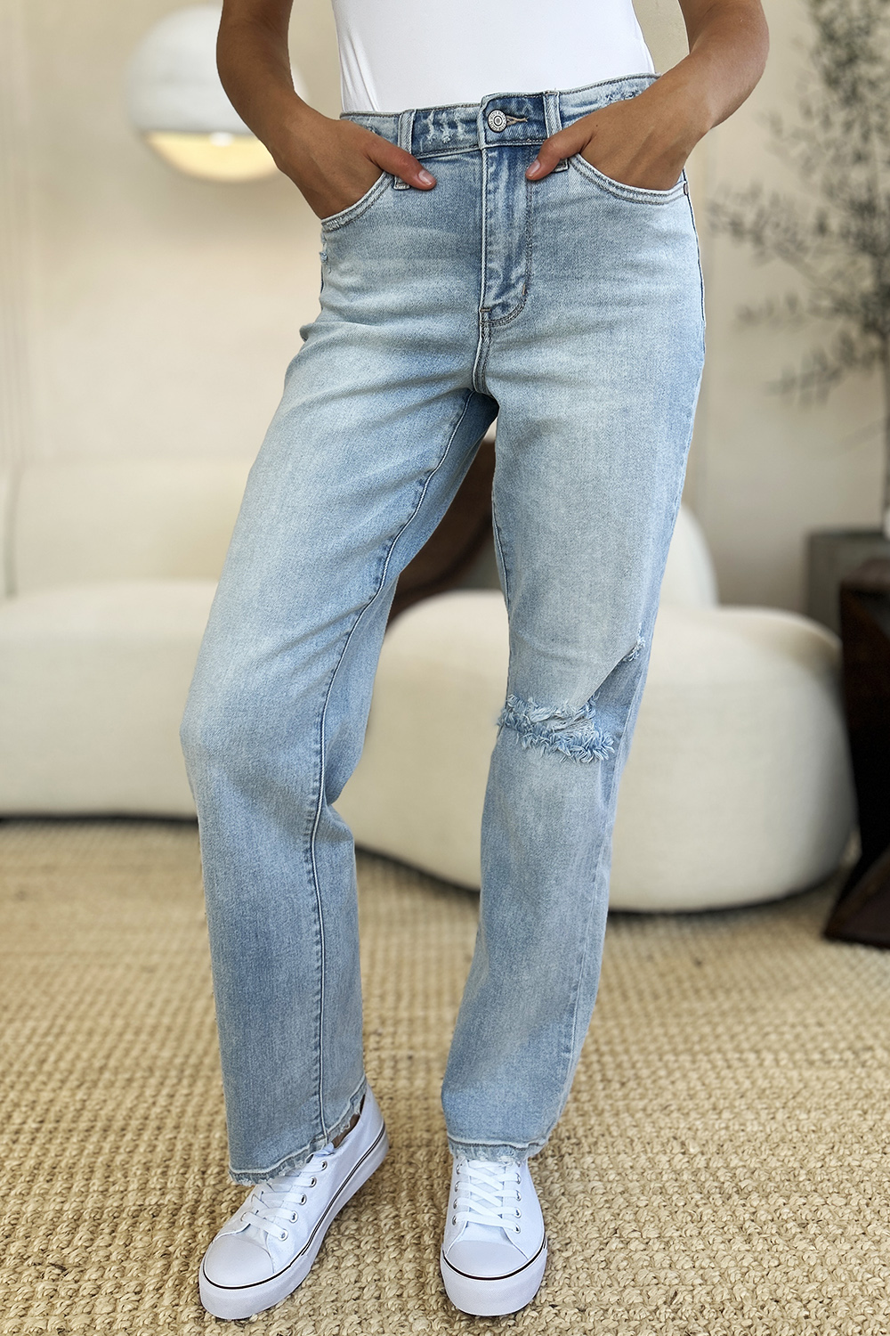 Full Size High Waist Distressed Straight Jeans