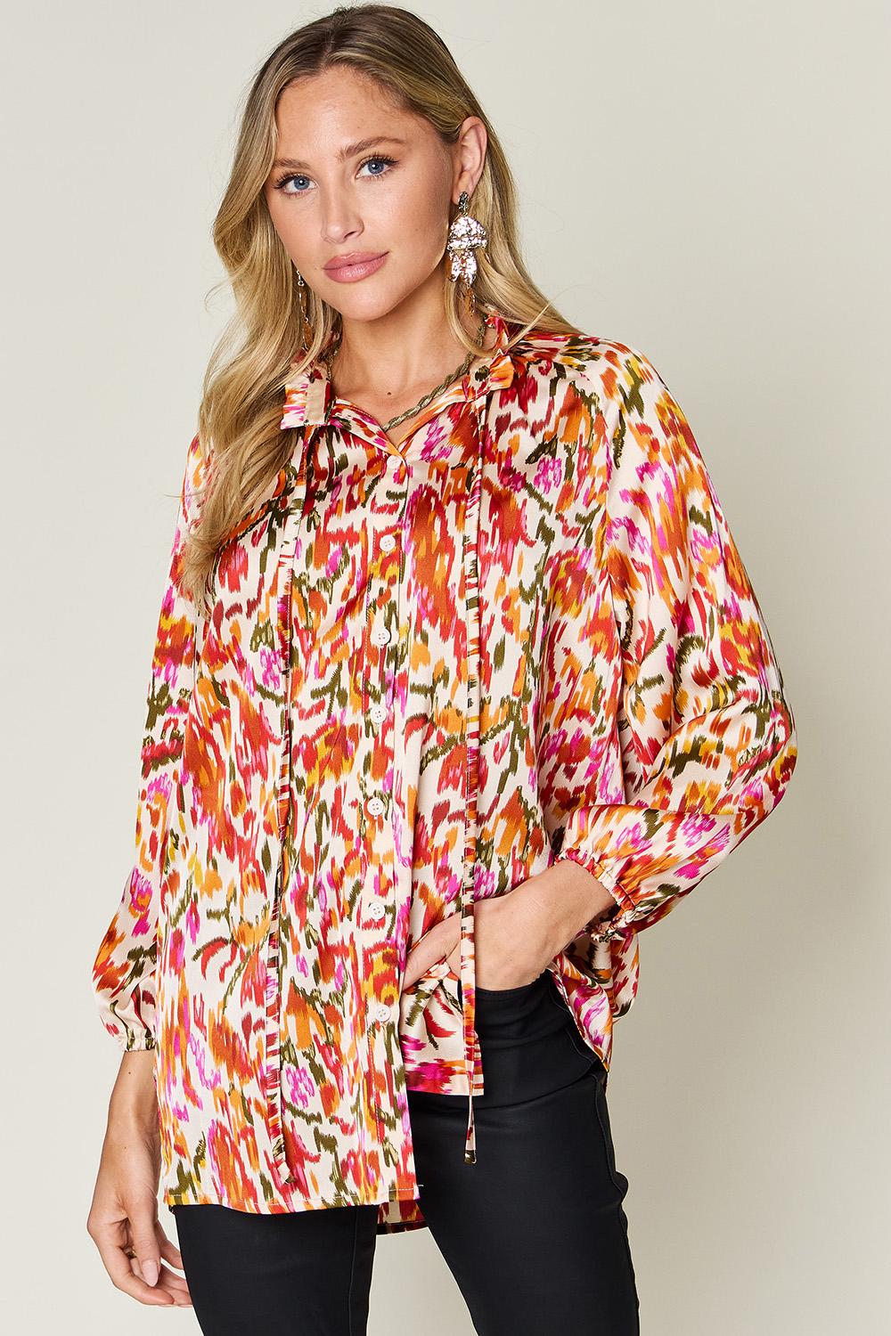 Double Take Full Size Printed Button Up Long Sleeve Shirt 1