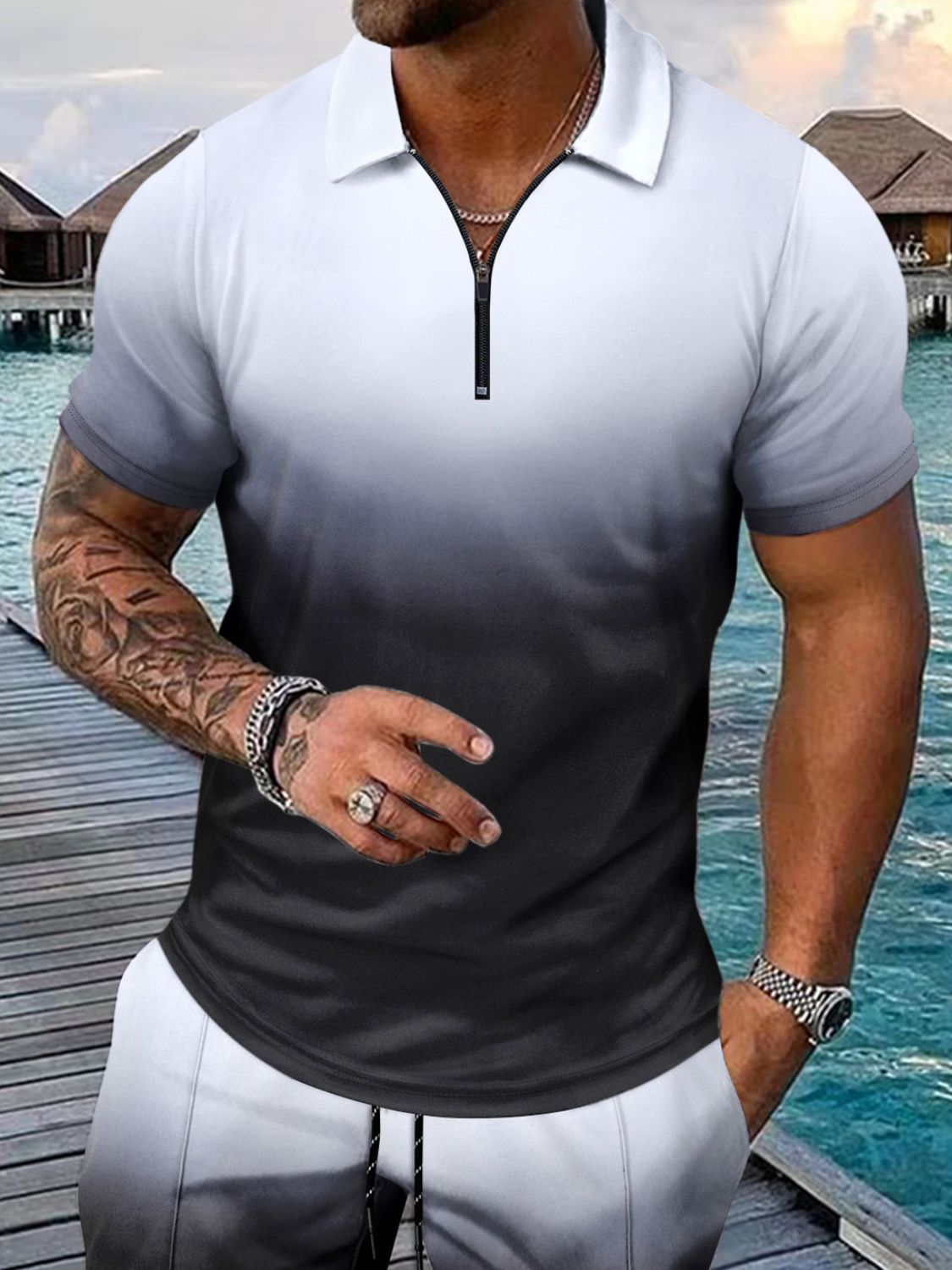 Men's Full Size Gradient Collared Neck Top and Shorts Set Plus Size
