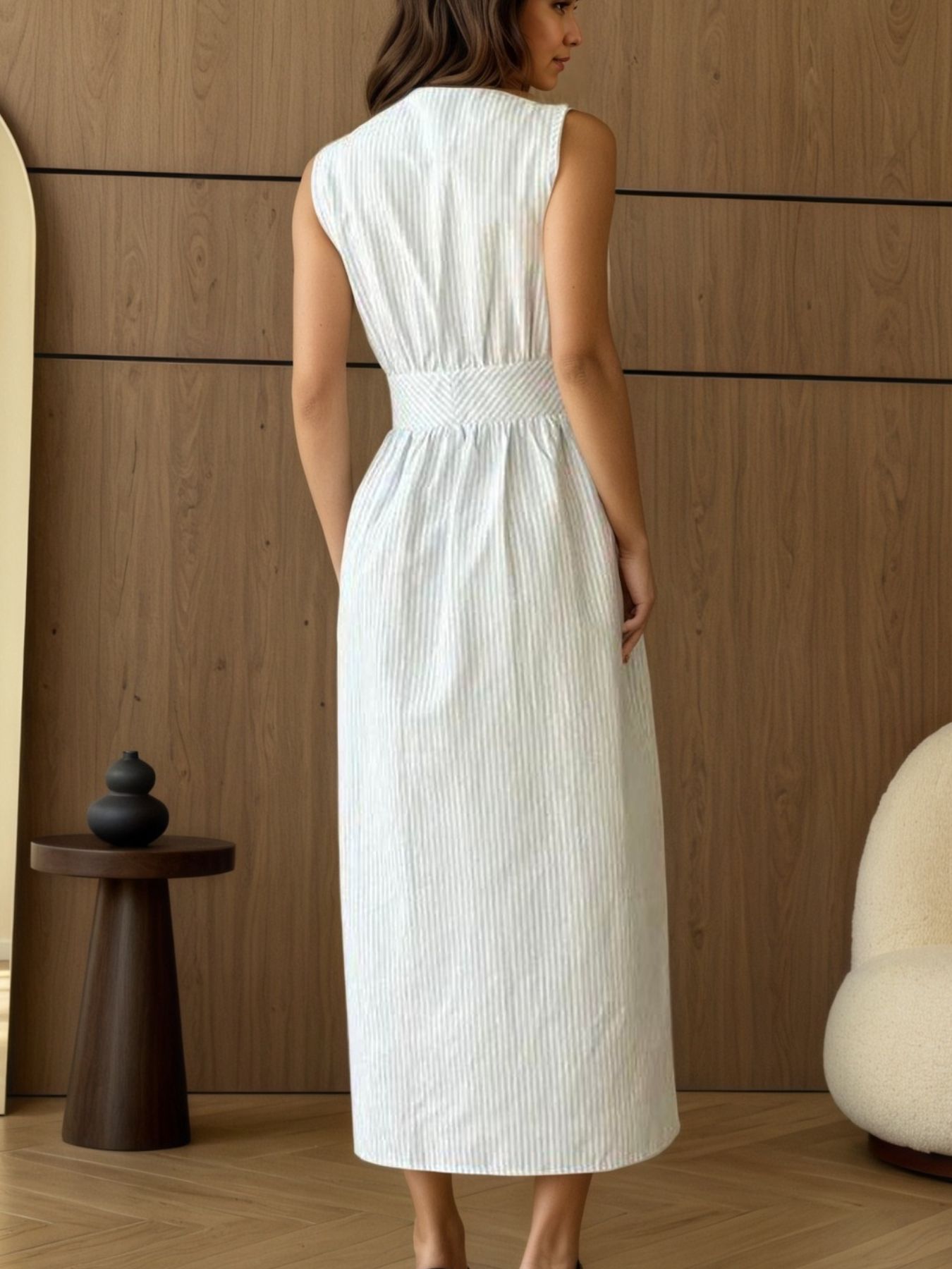 Striped V-Neck Sleeveless Midi Dress