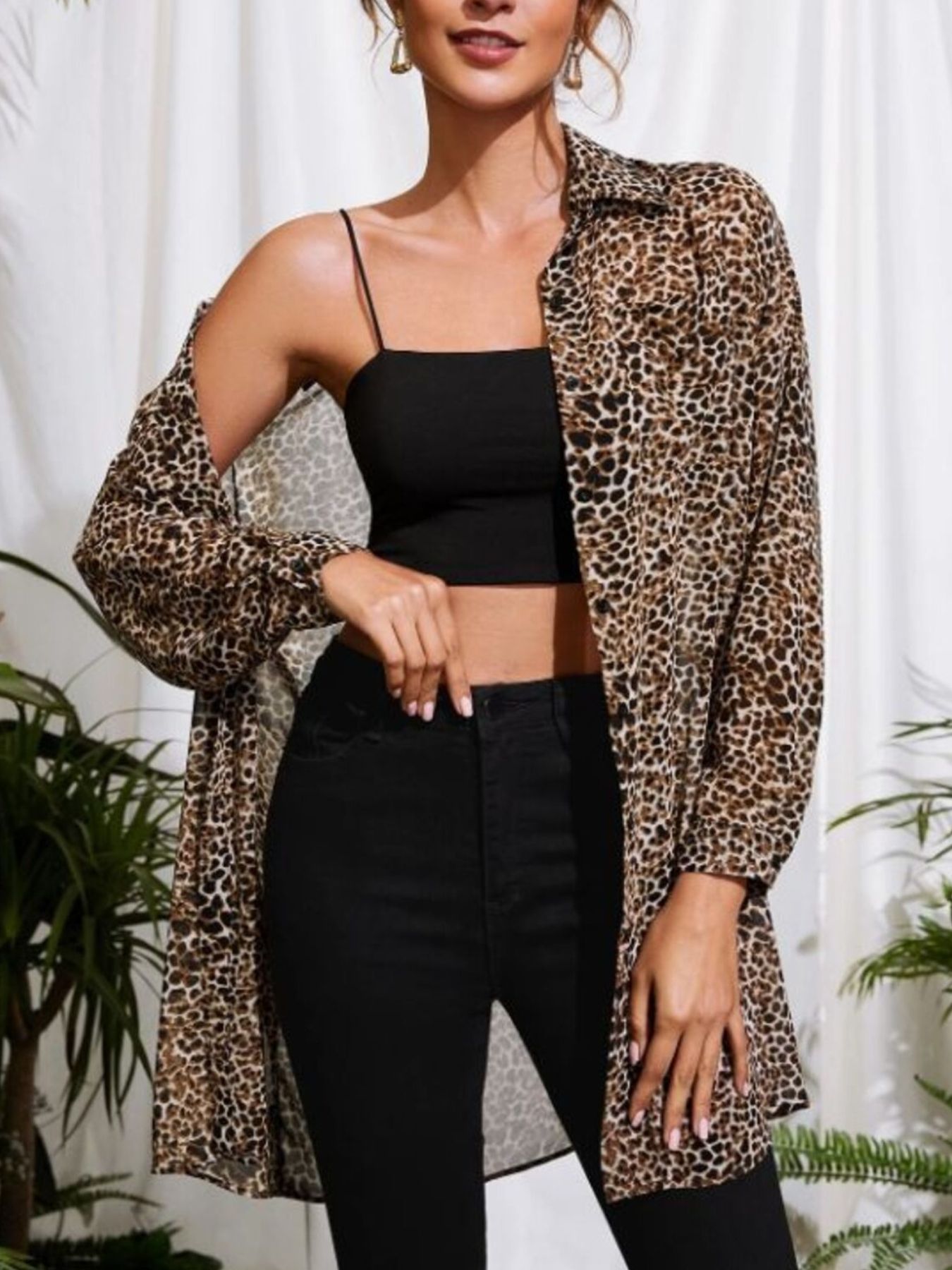 Leopard Print Button-Up Long Sleeve Oversized Shirt 4