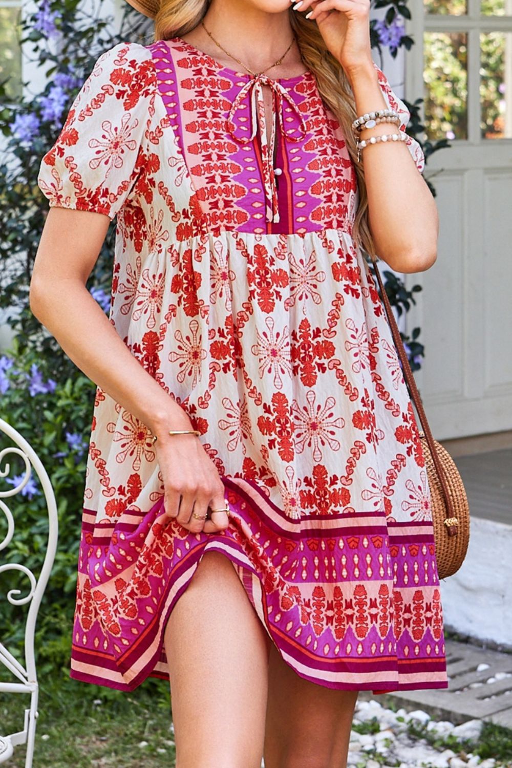 Boho Floral Short Sleeve Tie Neck Mini Dress