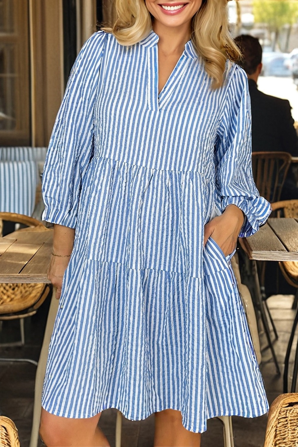 Stripe Tiered Shift Dress with Pockets