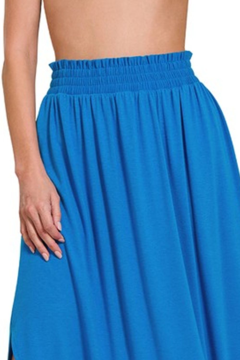 Smocked Waist Side Slit Maxi Skirt With Pockets