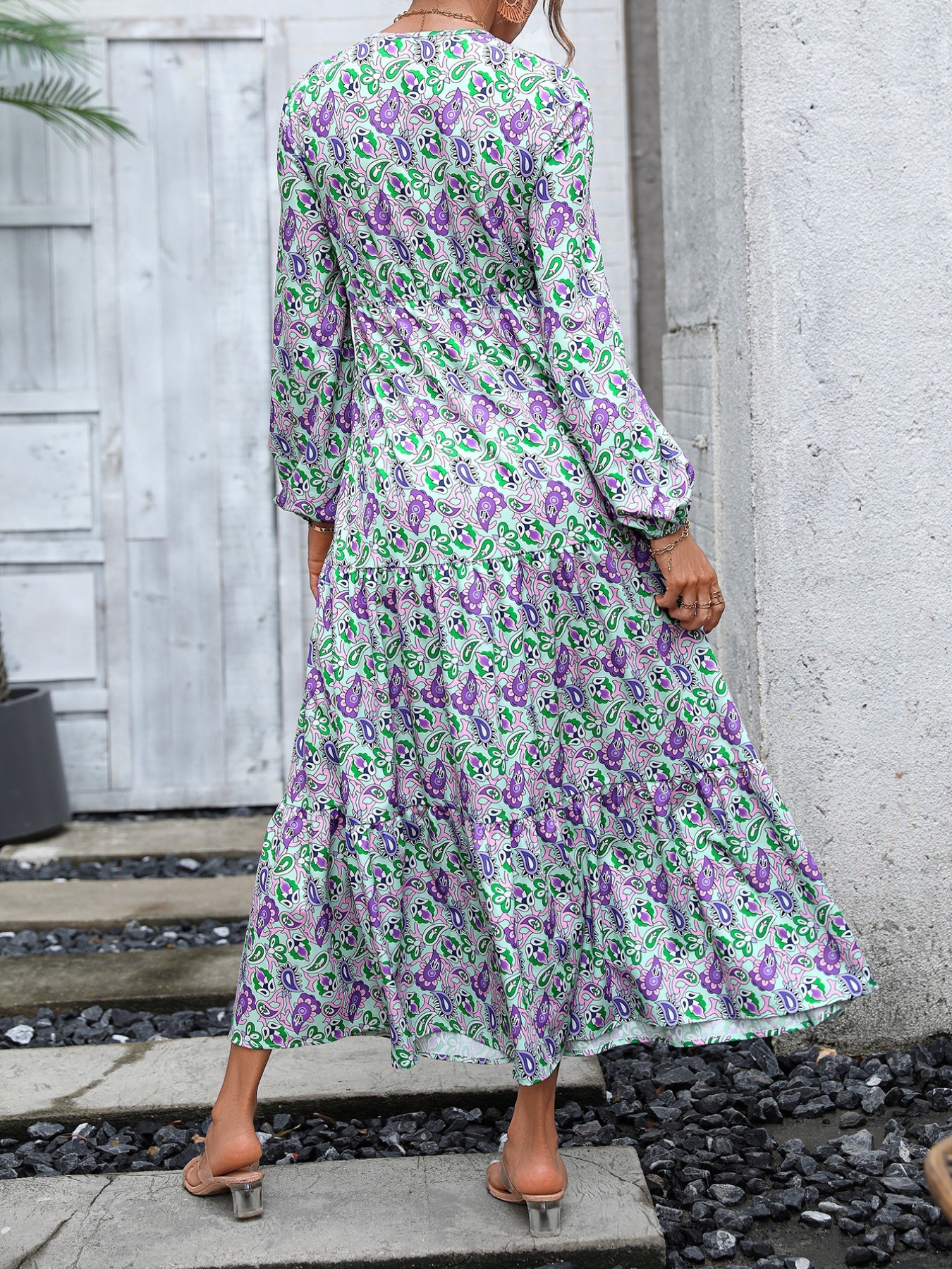 Printed V-Neck Long Sleeve Dress