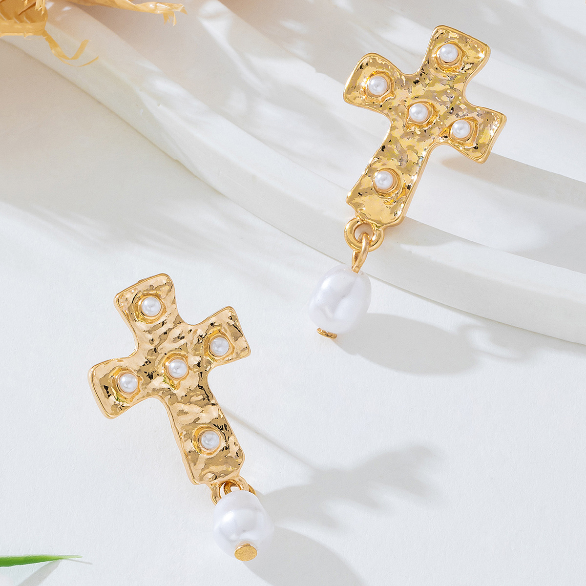 18K Gold-Plated Synthetic Pearl Cross Drop Earrings