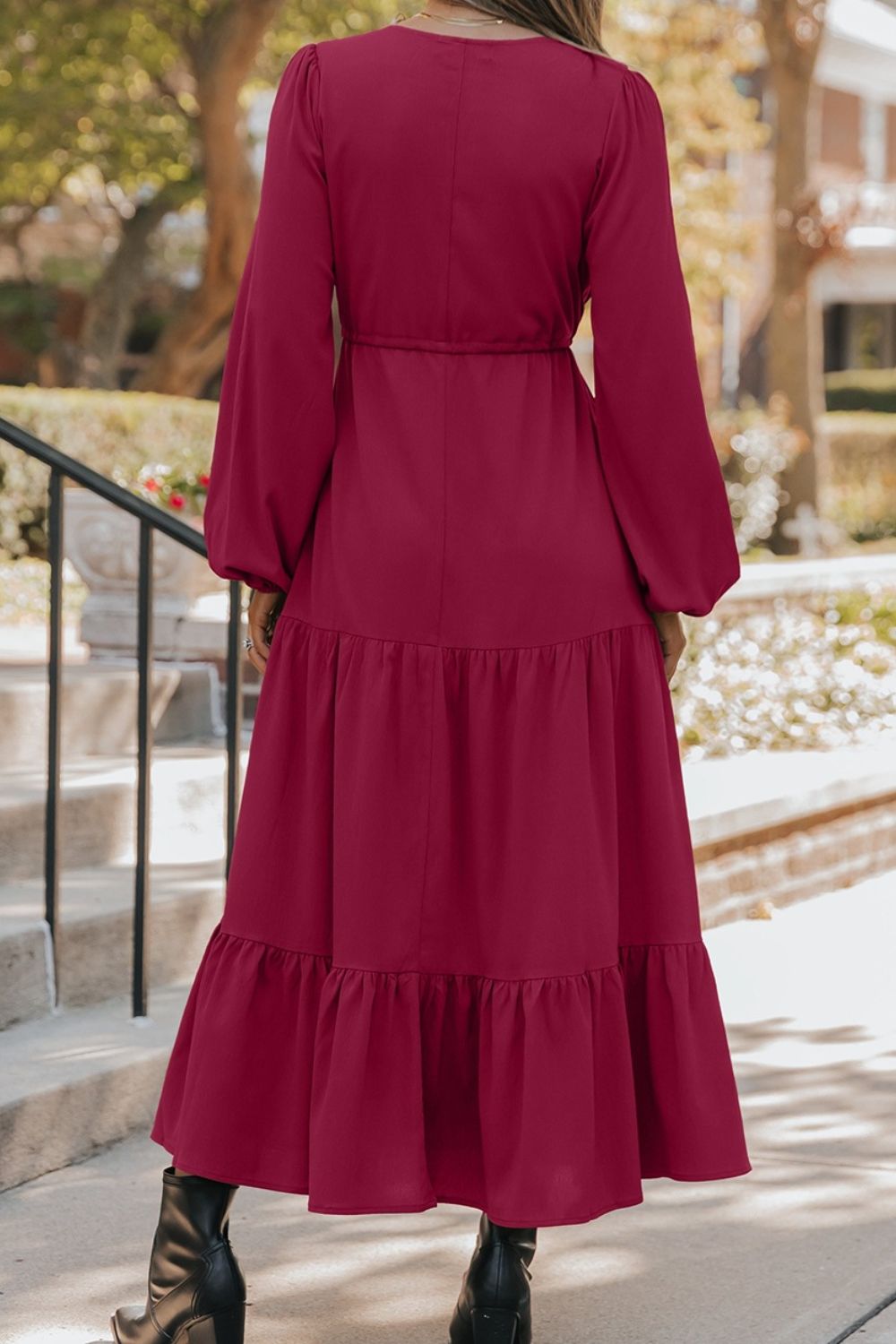 Long Sleeve Button V Neck Tiered Dress