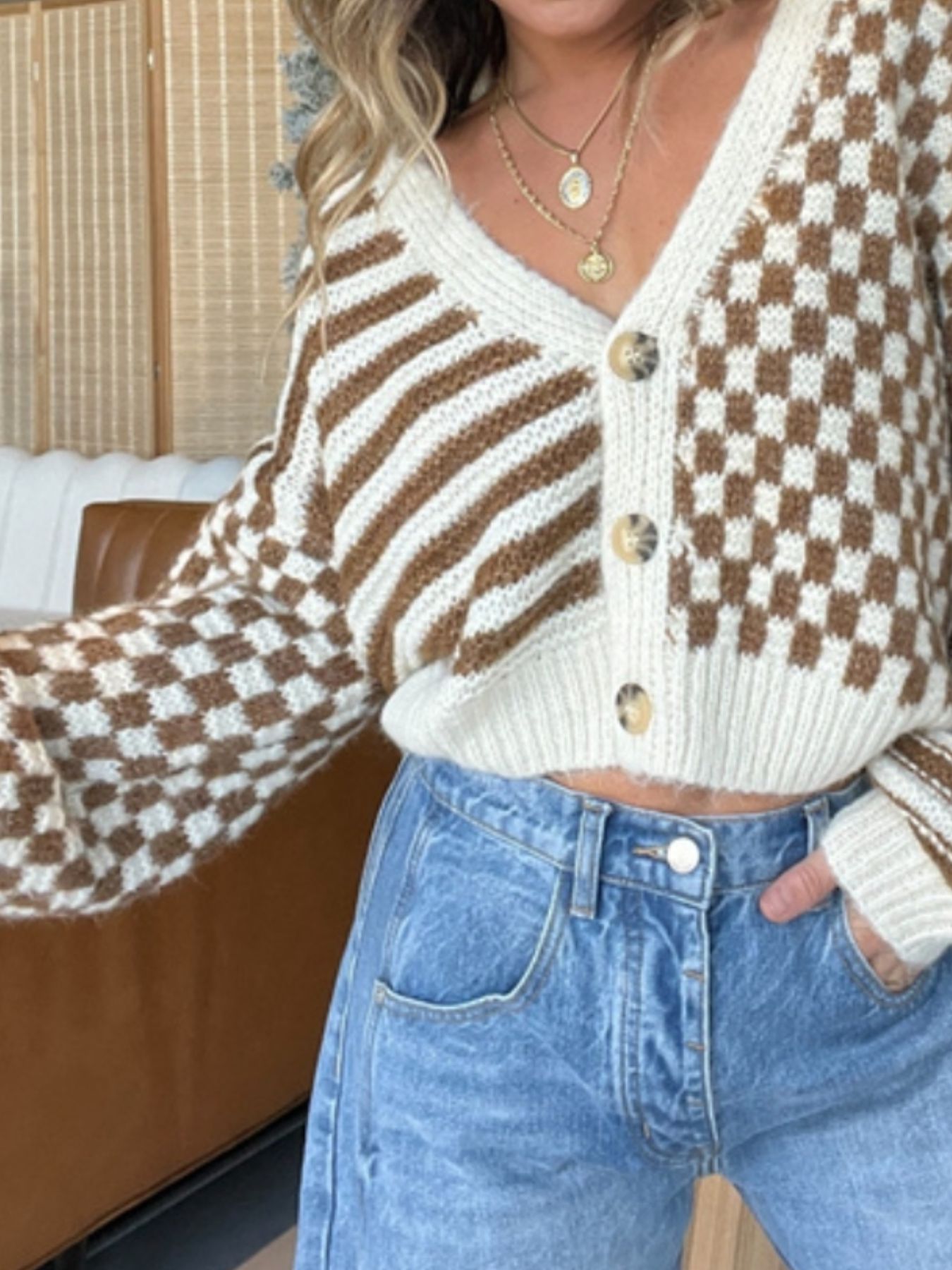 Checkered and Striped Pattern Button-Front Cropped Cardigan