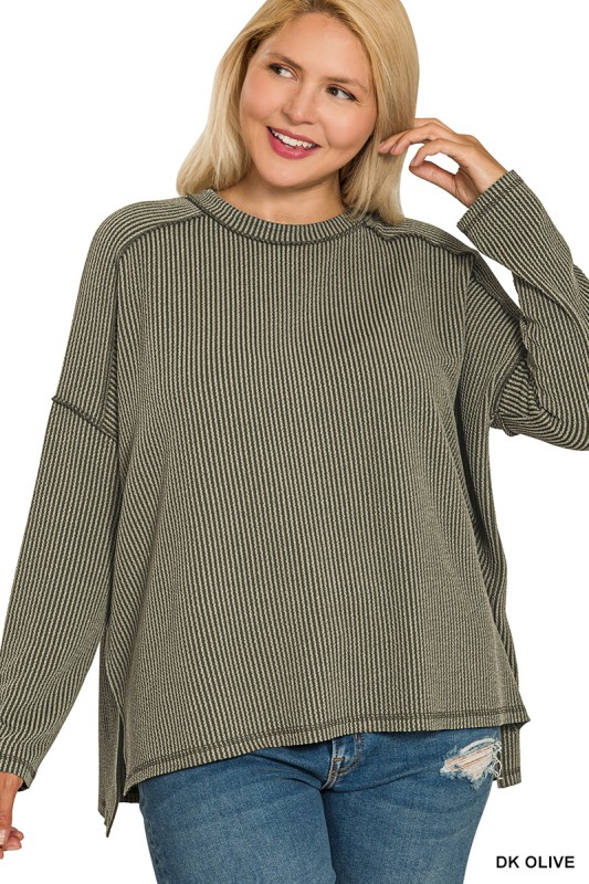 Full Size Exposed Seam Long Sleeve Corded Rib Knit Top Plus Size