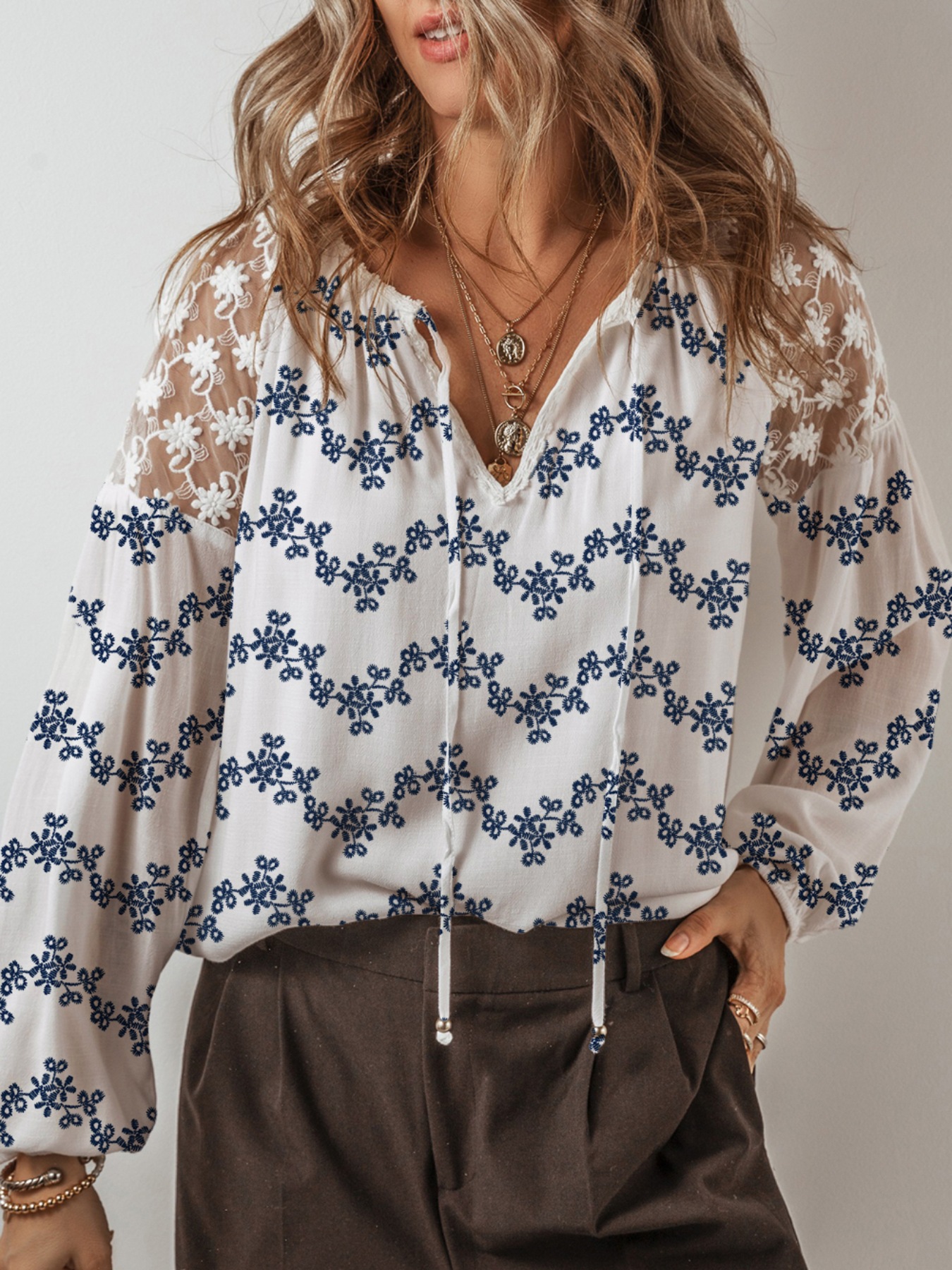 Printed Tie Neck Lace Long Sleeve Blouse