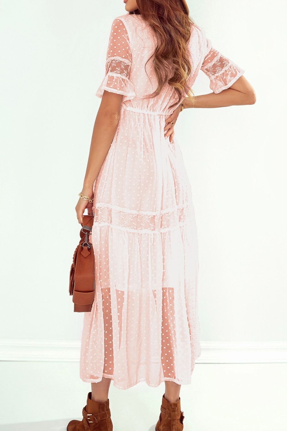 Polka Dot V-Neck Ruffle Midi Dress