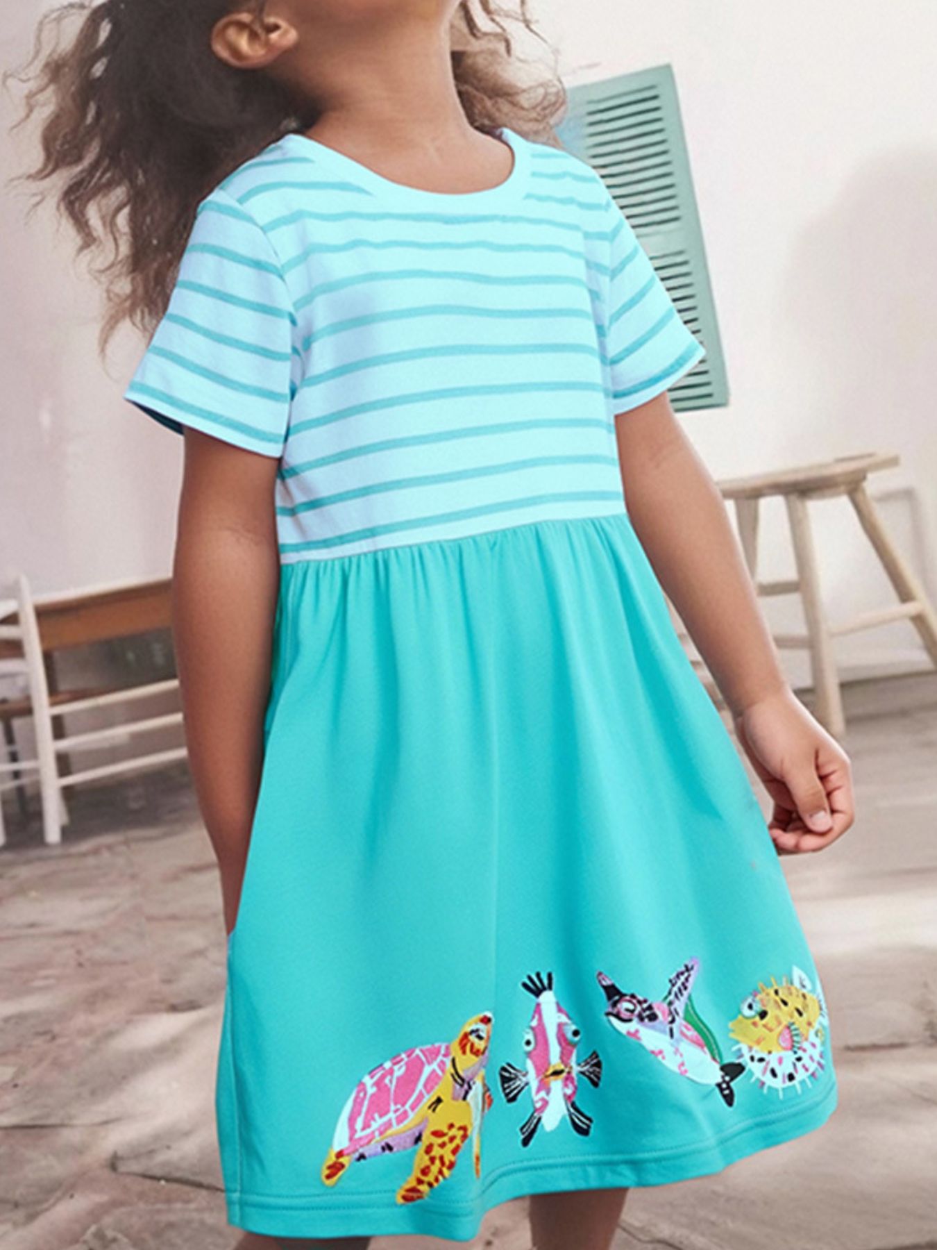 Children's Striped Turtle and Fish Embroidered Dress 1