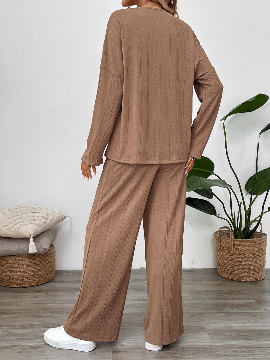 Quarter Button Long Sleeve Top and Pants Set