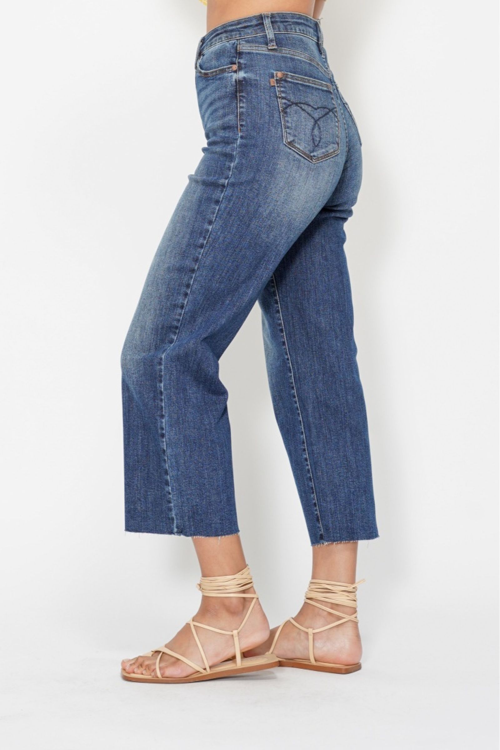 High Waist Back Pocket Embroidery Crop Wide Jeans