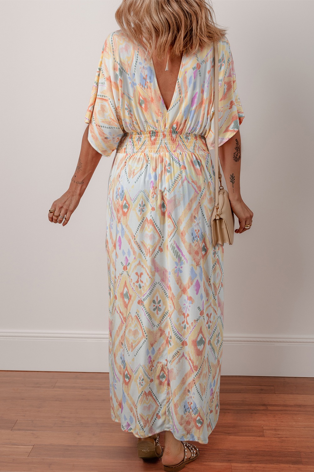 Printed Half Sleeve Shirred High Waist Maxi Dress