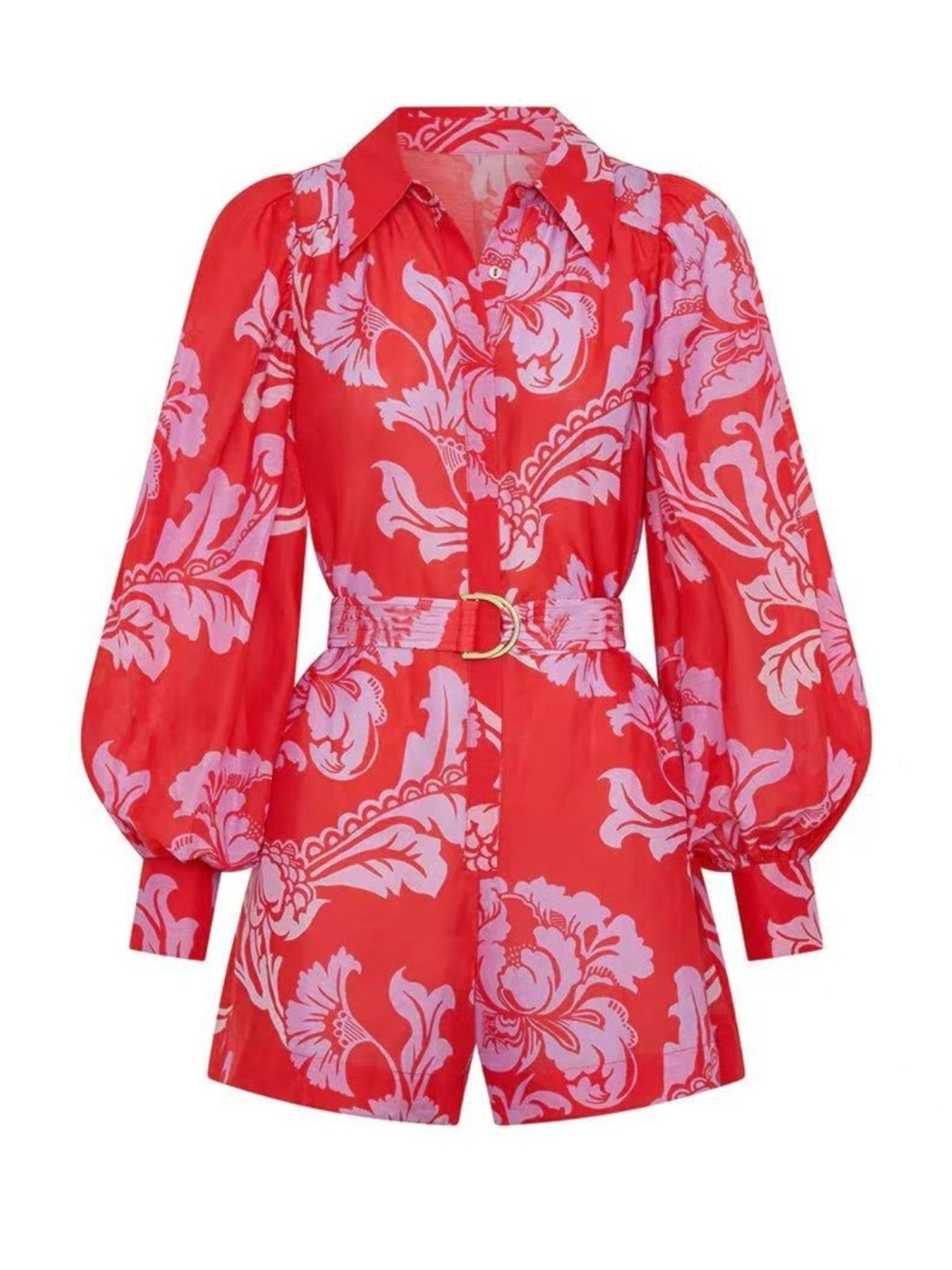 Printed Long Sleeve Belted Romper