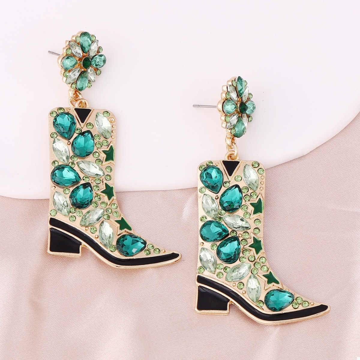 Western Boot Dangle Earrings with Rhinestones