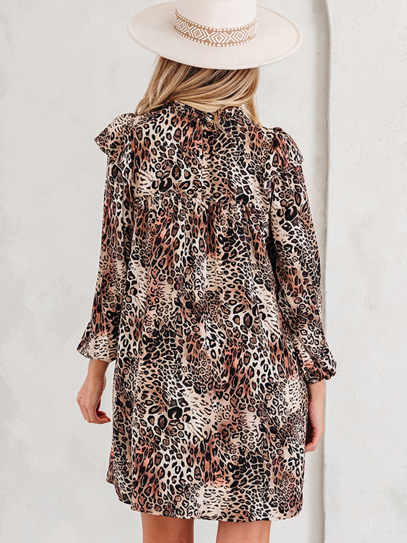 Leopard Ruffled Detail Long Sleeve Loose Mini Dress
