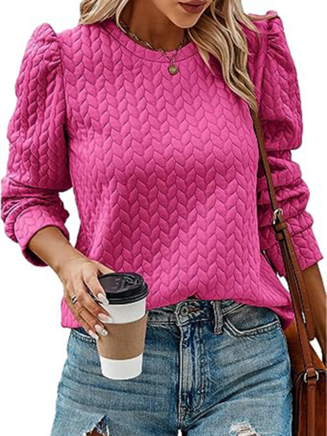 Textured Round Neck Long Sleeve Blouse