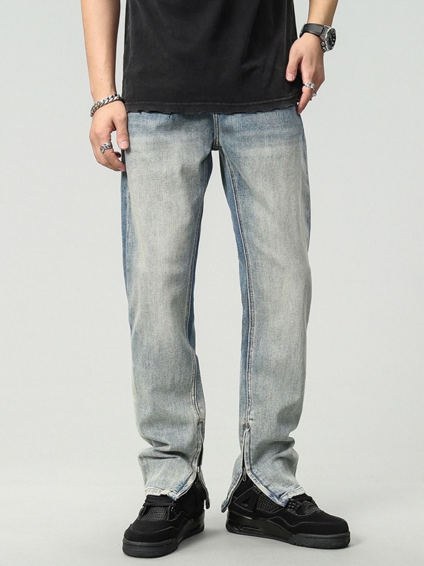 Men's Zip Detail Washed Straight Leg Jeans