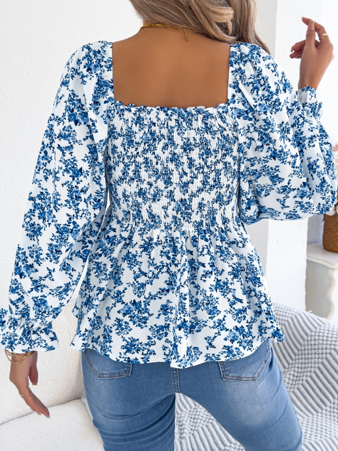 Floral Square Neck Flounce Sleeve Blouse