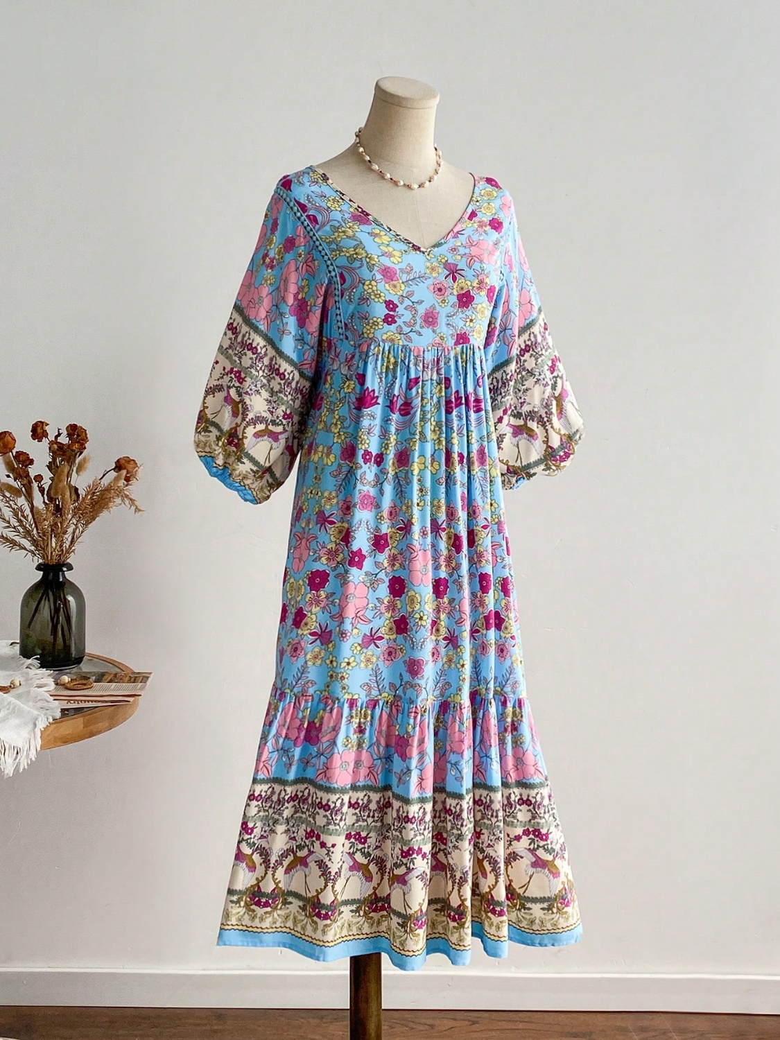 Plus Size Floral Print V-Neck Dress