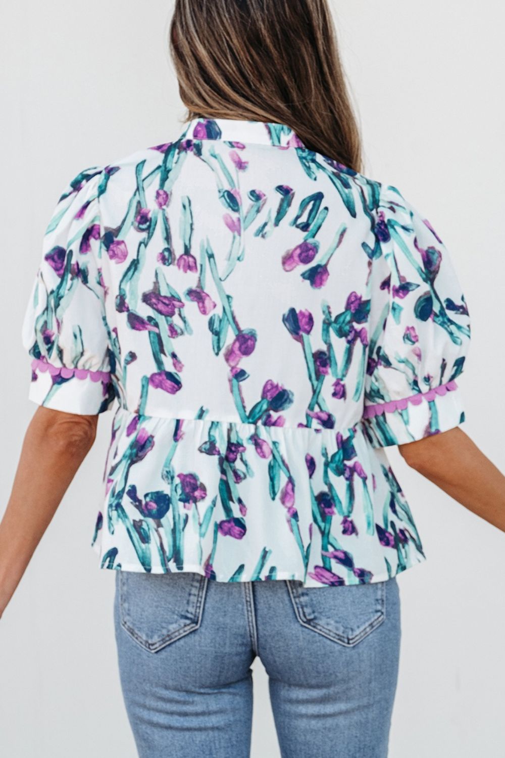 Floral Ricrac Trim Half Sleeve Peplum Top