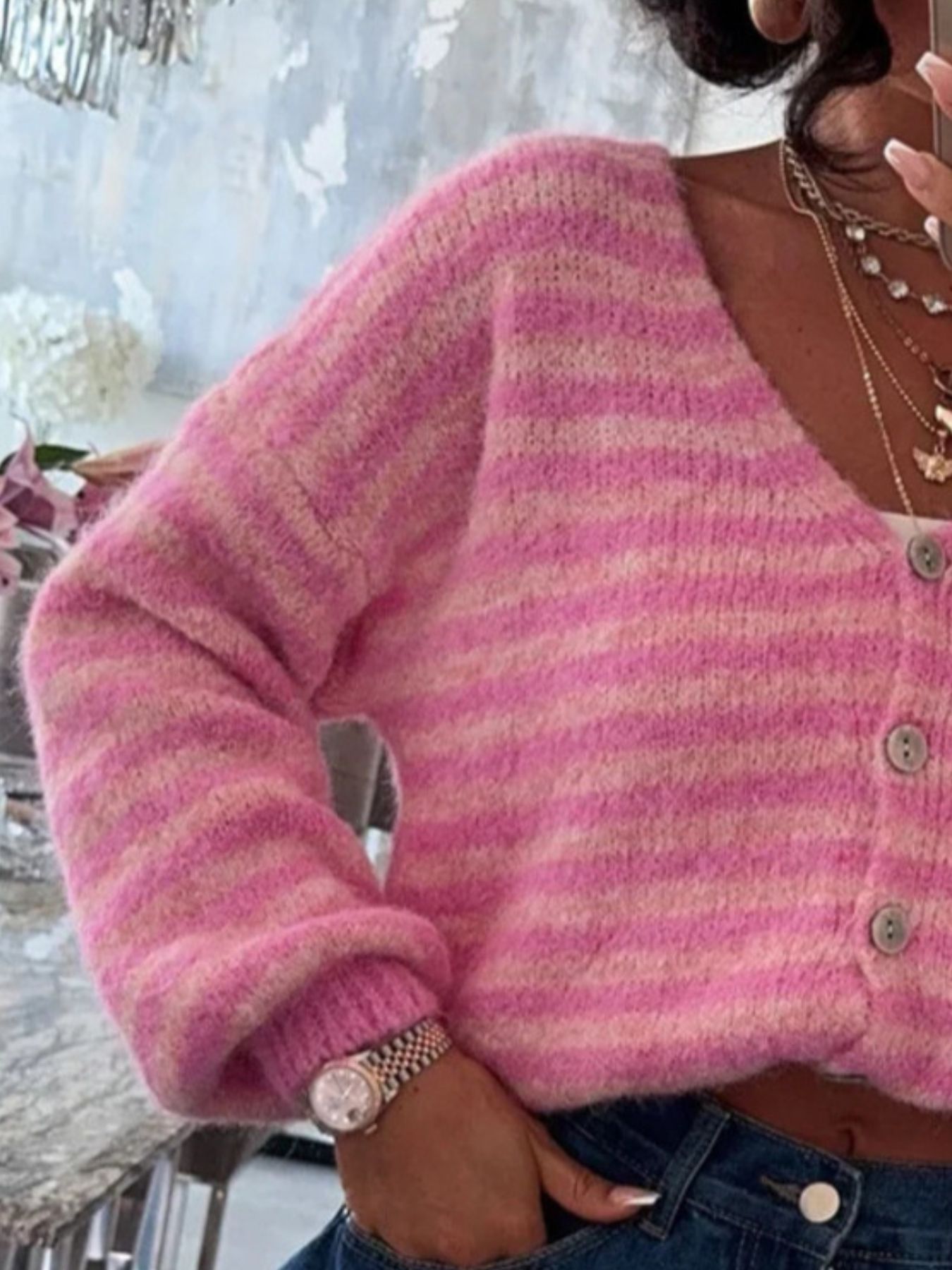 Striped Knit Button-Down Cardigan