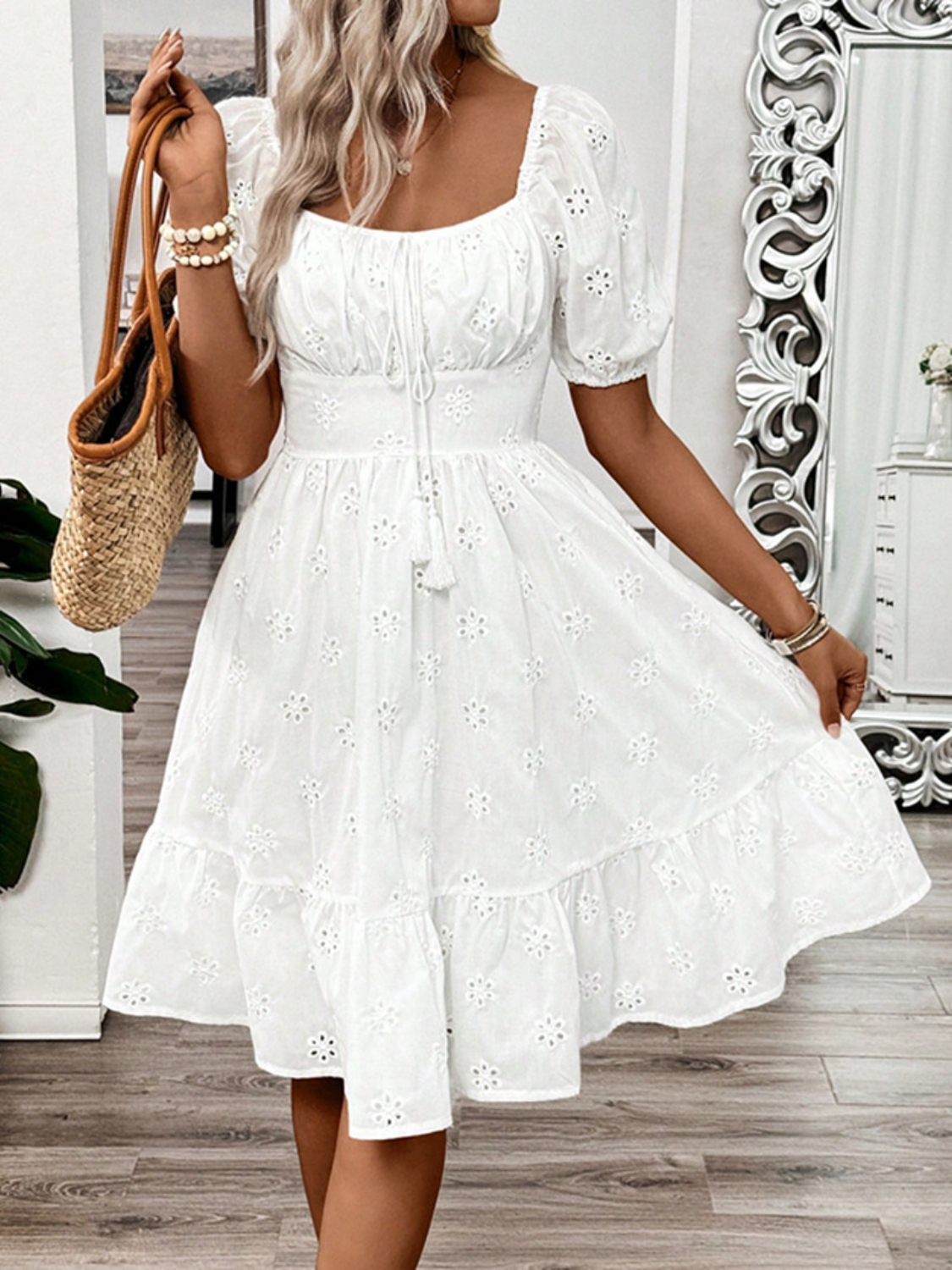 Smocked Eyelet Square Neck Puff Sleeve Mini Dress