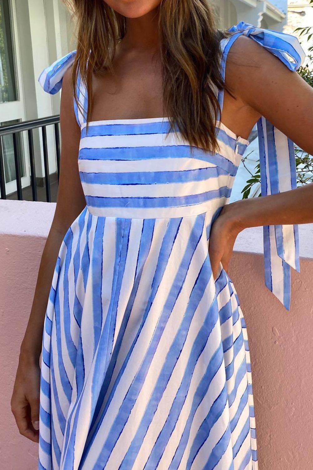 Striped Square Neck Wide Strap Dress