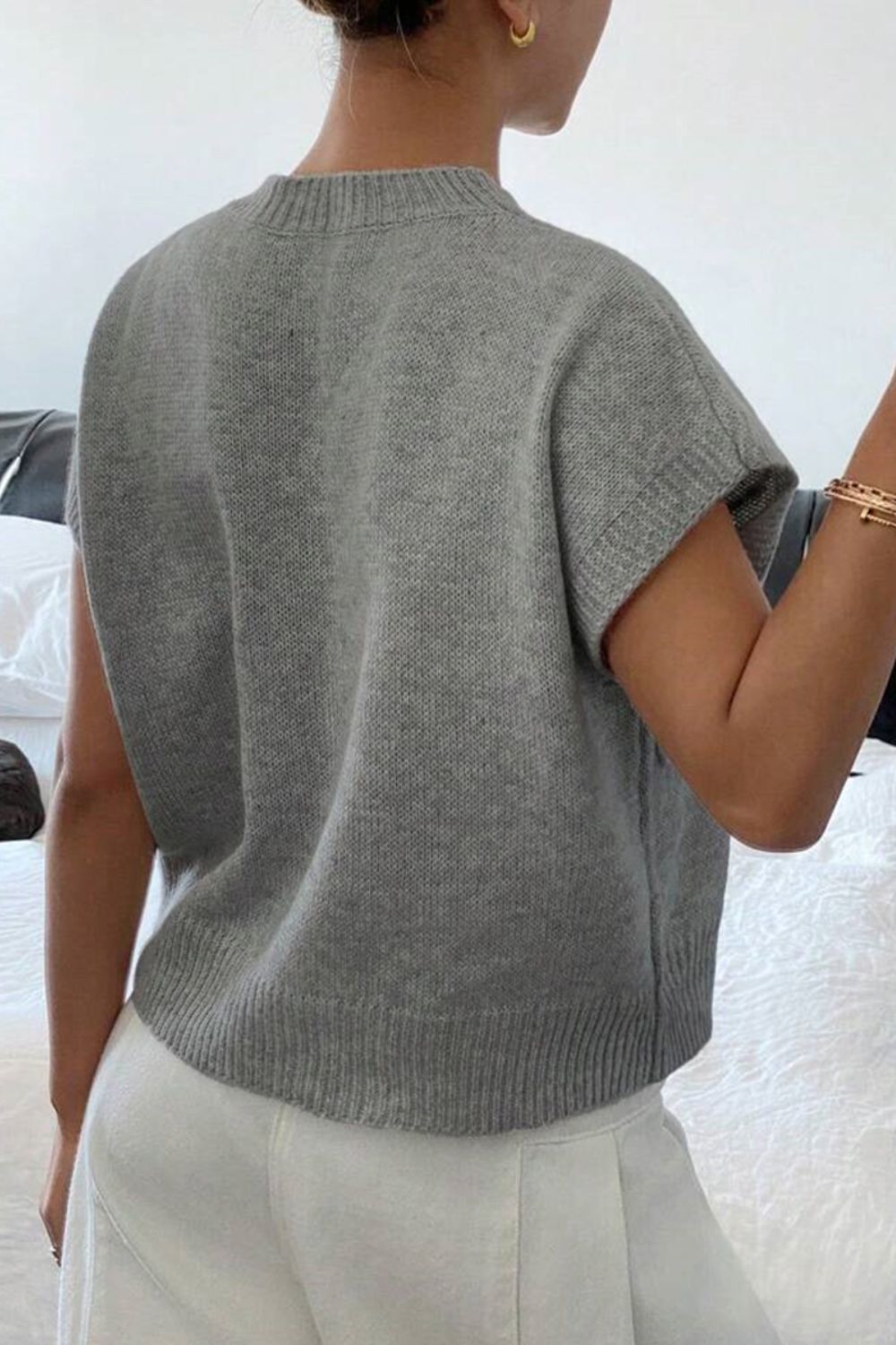 Flower Pattern Ribbed Trim Short Sleeve Boxy Sweater