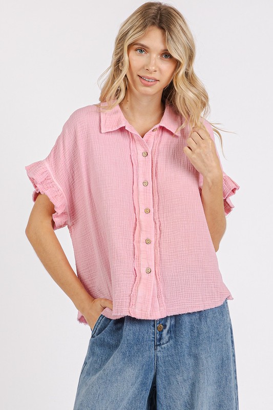 Mineral Washed Button Down Flounce Sleeve Shirt