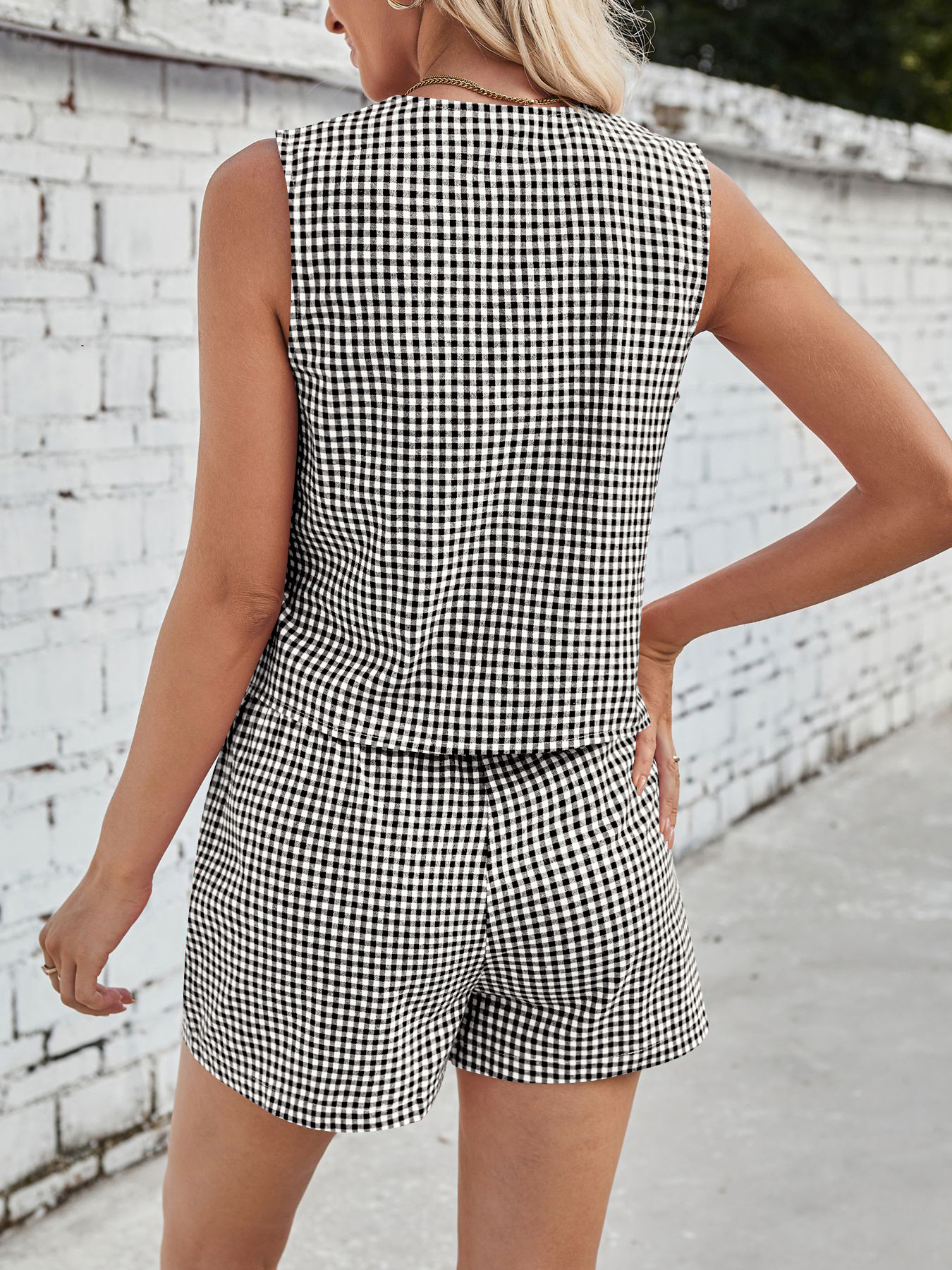 Gingham Print Tie Front Top and Shorts Set
