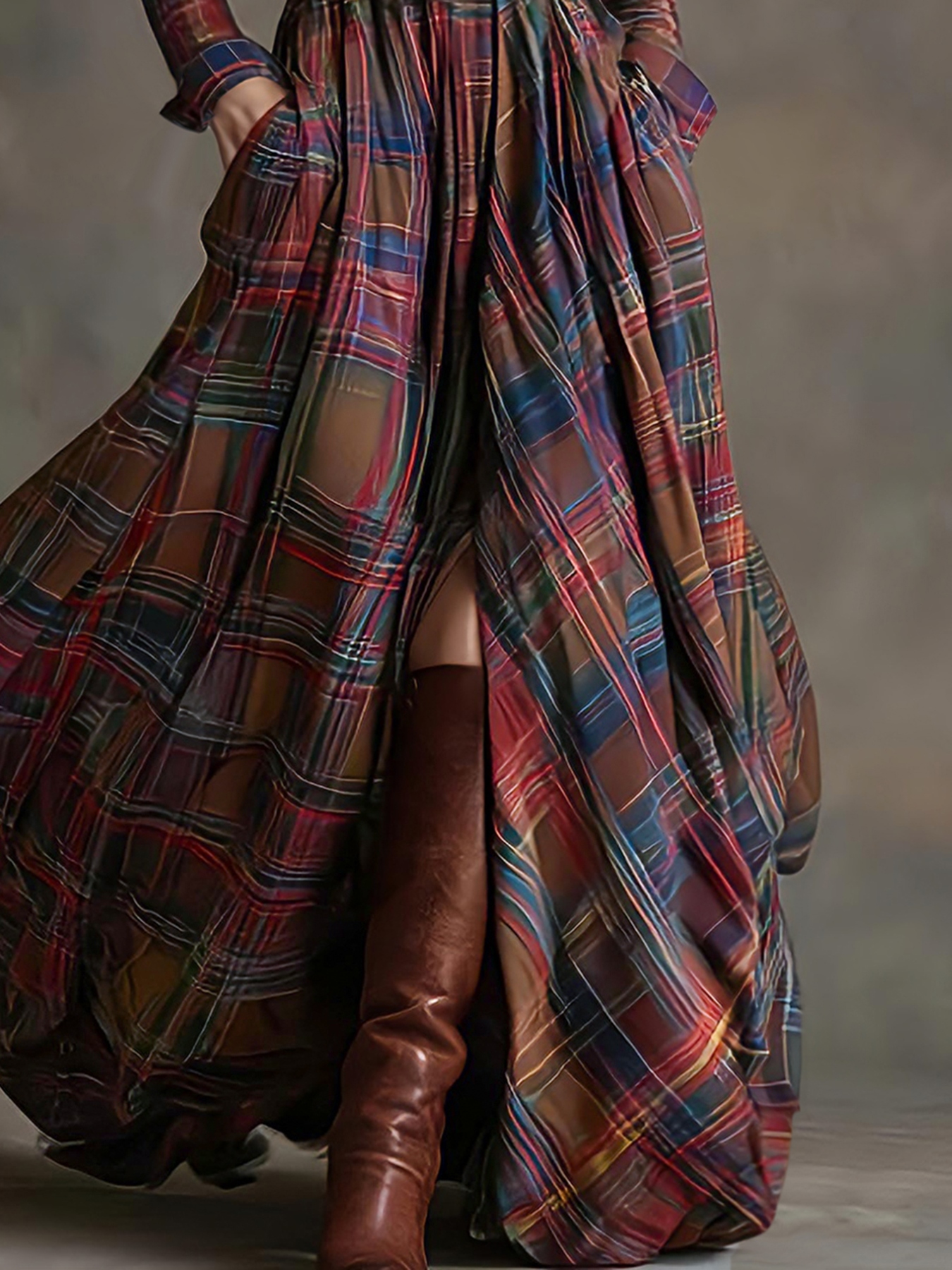 Plaid Button Front Maxi Shirt Dress