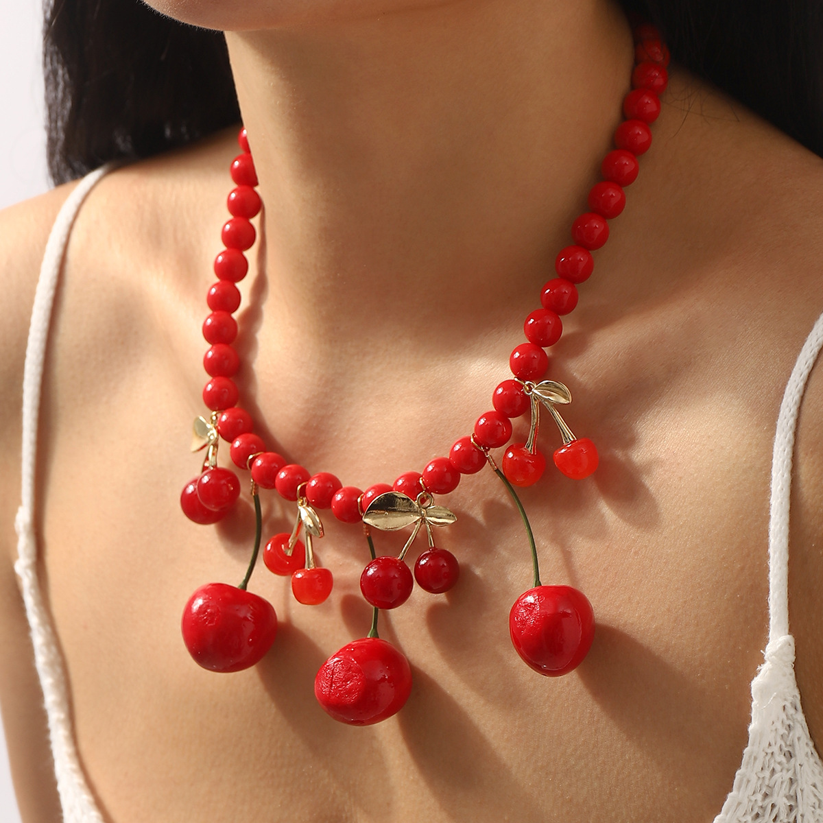 Cherry Charm Beaded Statement Necklace