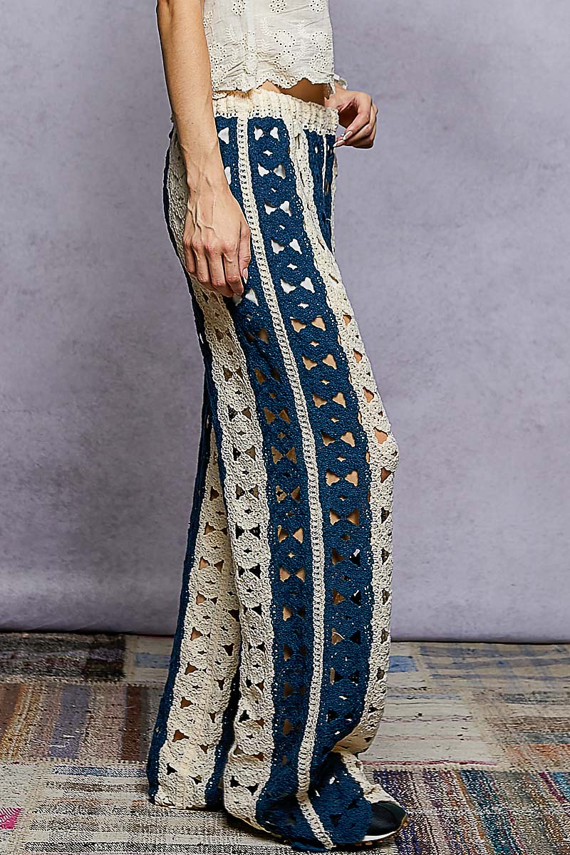 Openwork Wide Leg Pants with Stripe Detail