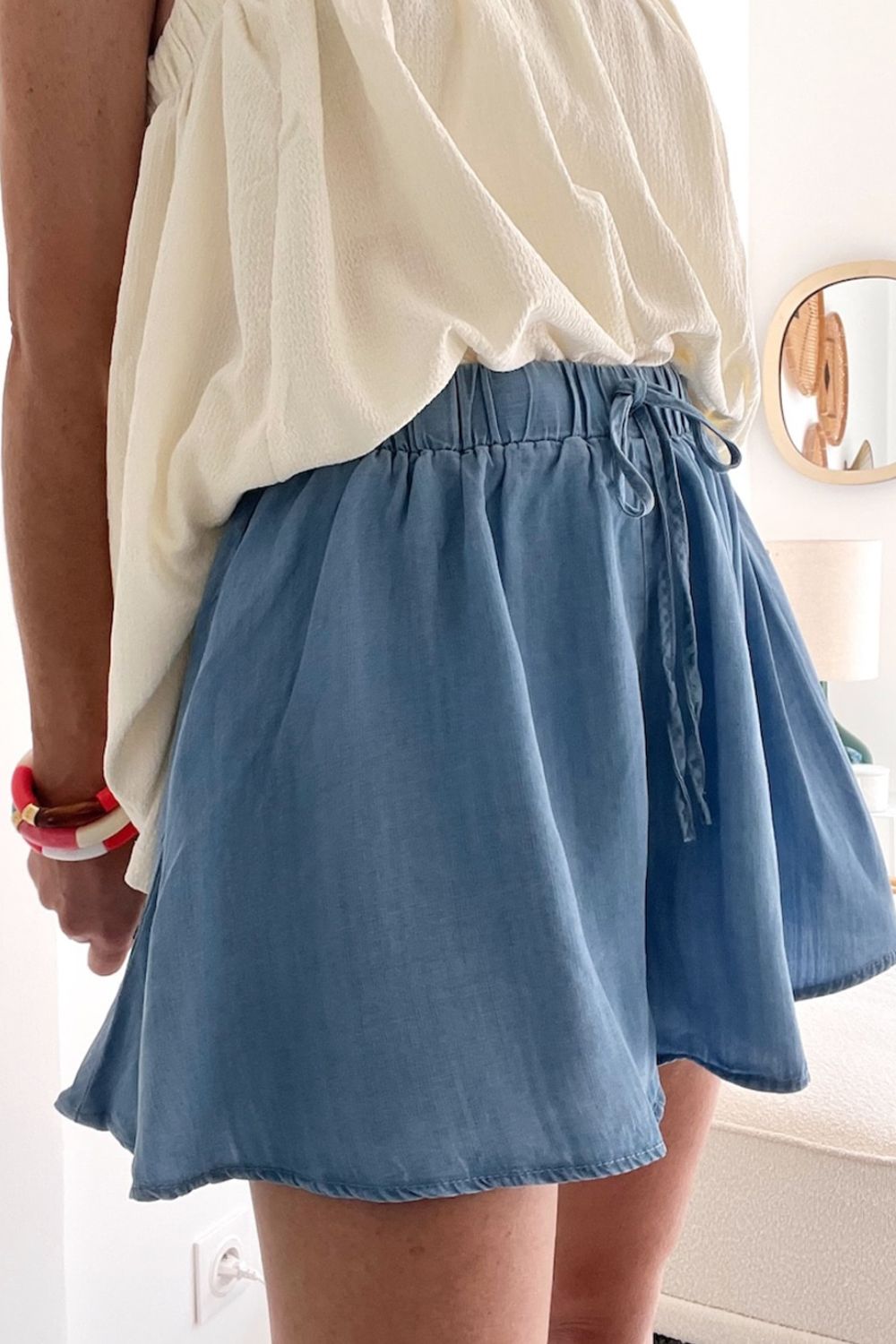Elastic Waist Wide Leg Denim Shorts