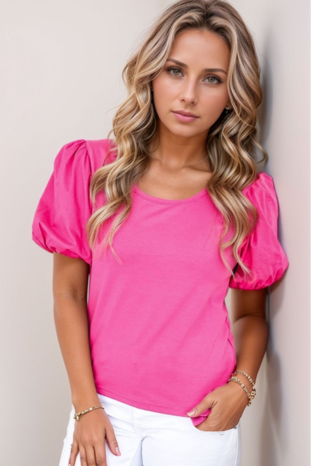 Casual Round Neck Bubble Sleeve T-Shirt