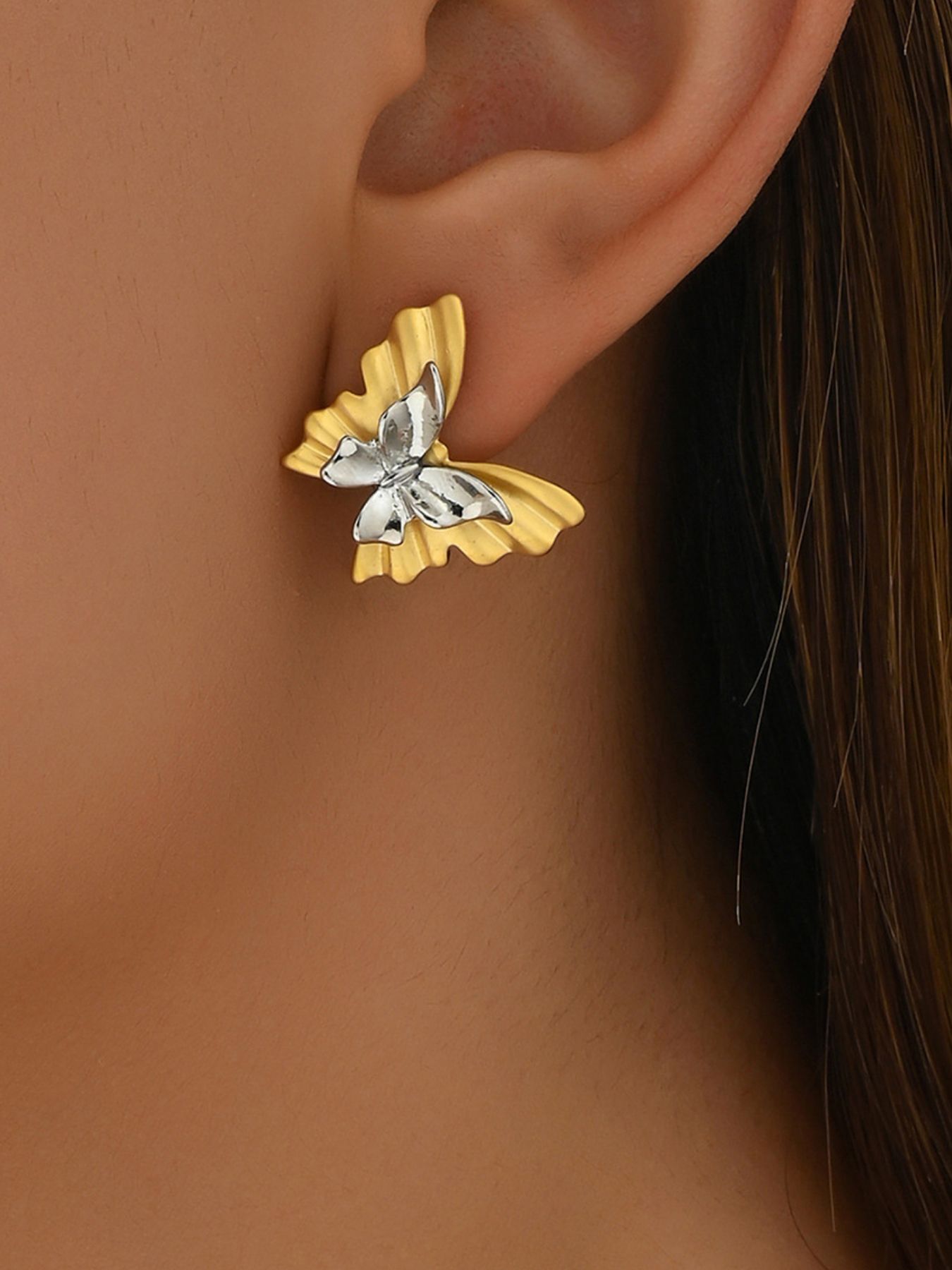 Two-Tone Stainless Steel Butterfly Earrings