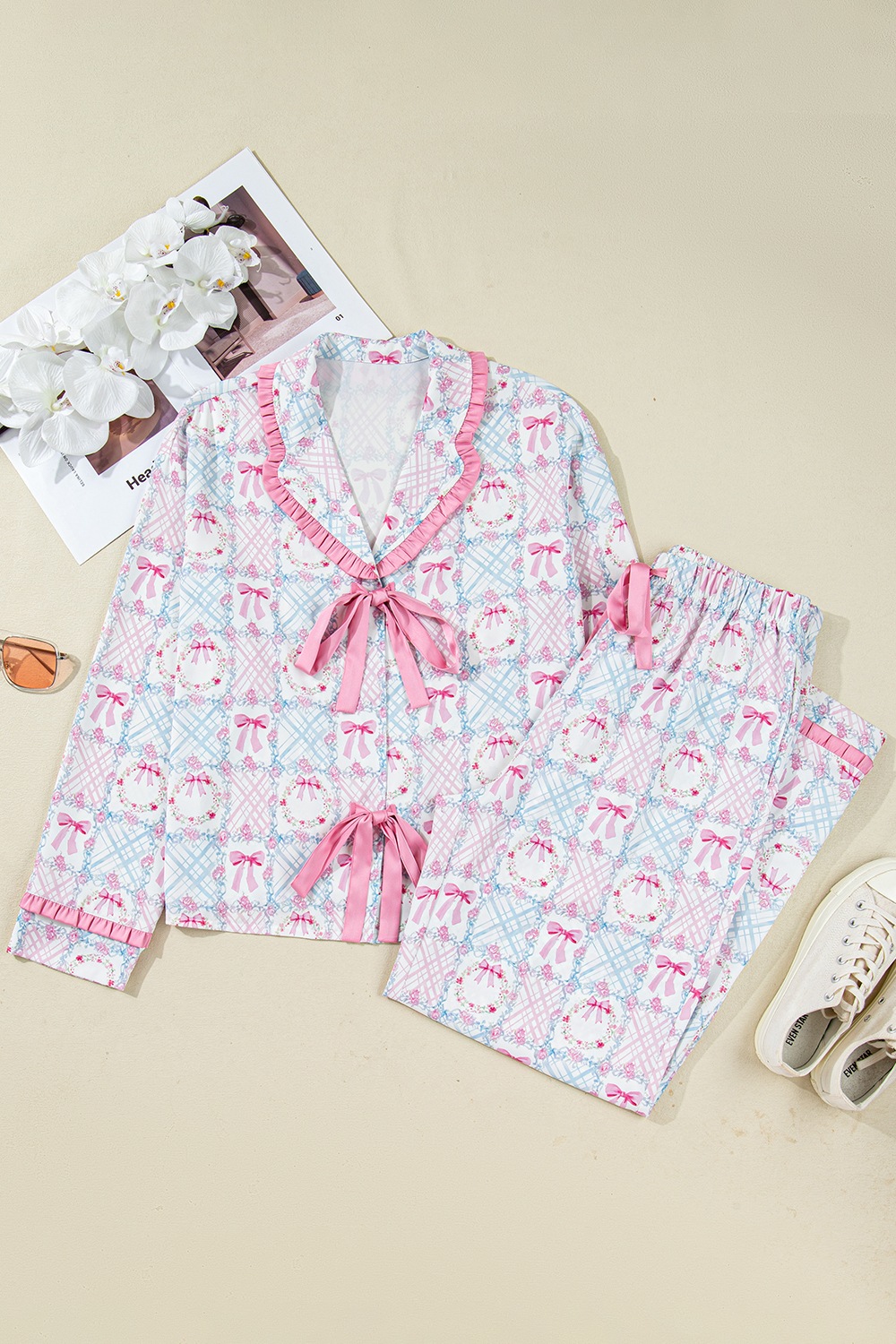 Wreath Pattern Christmas Tied Front Long Sleeve 2pcs Pajama Set