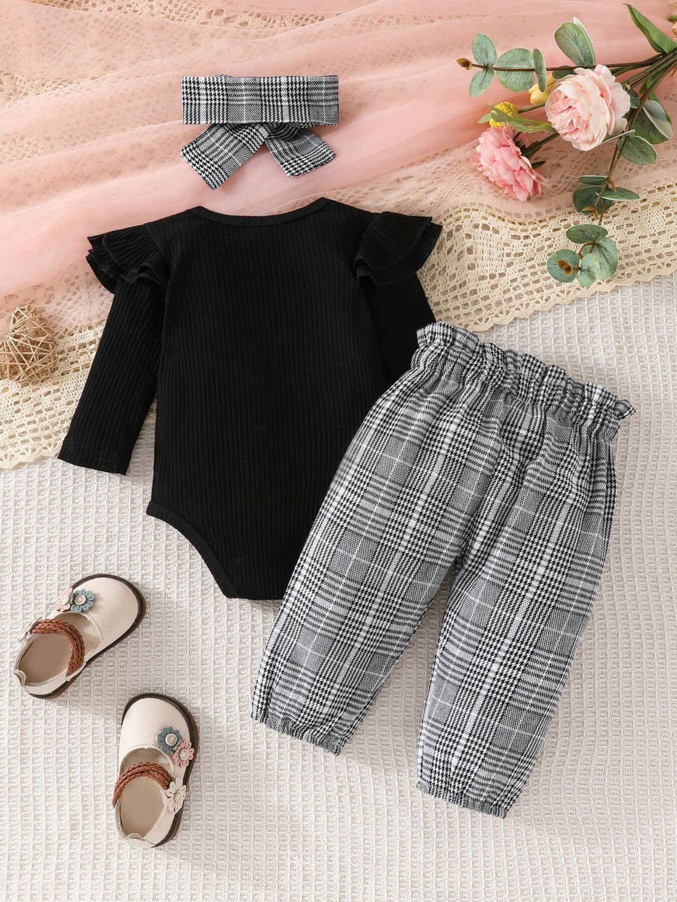 Children's Bodysuit & Plaid Pants & Headband Set