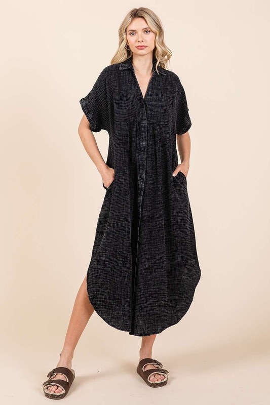 Mineral Wash V Neck Button Up Midi Shirt Dress