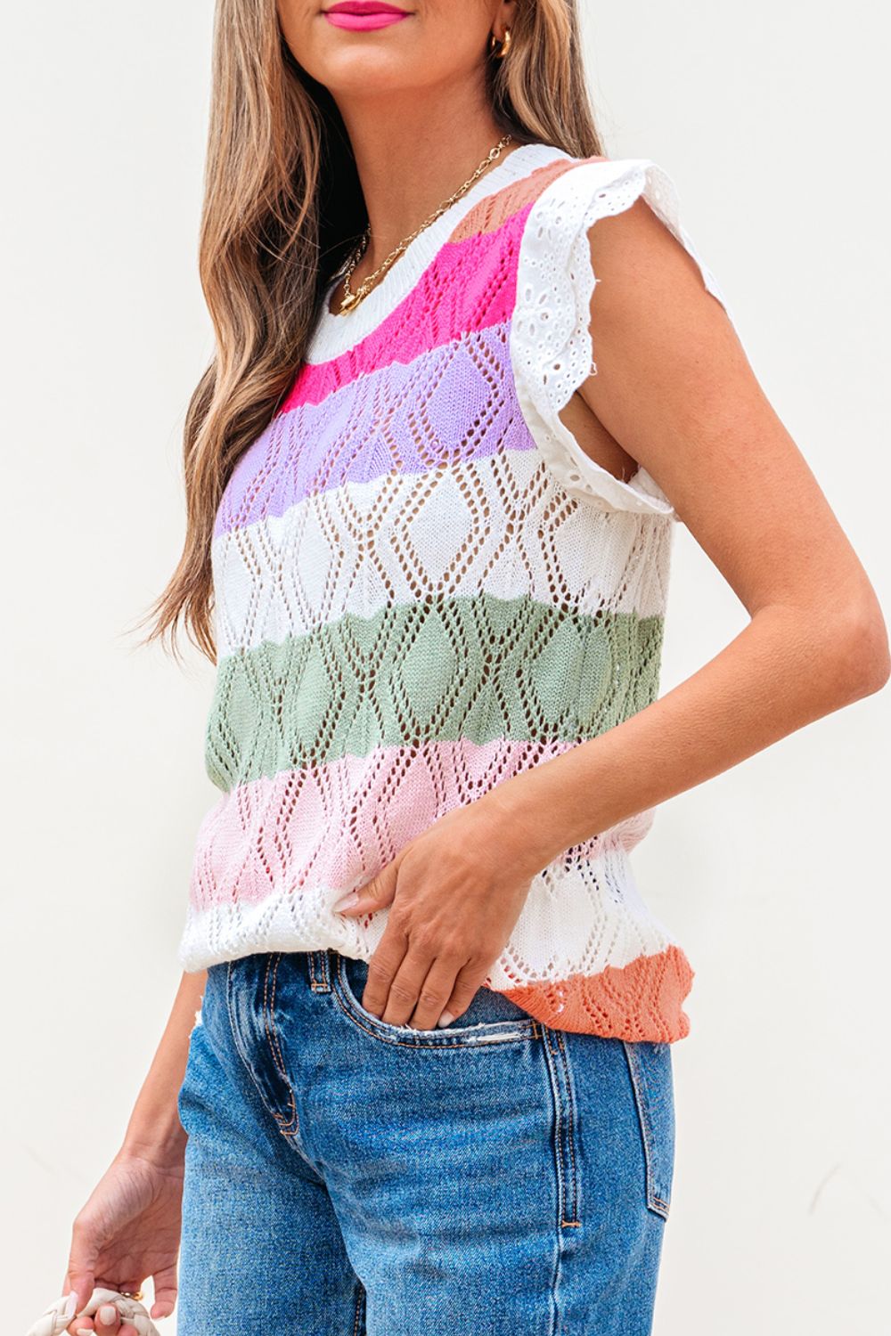 Openwork Round Neck Cap Sleeve Knit Top