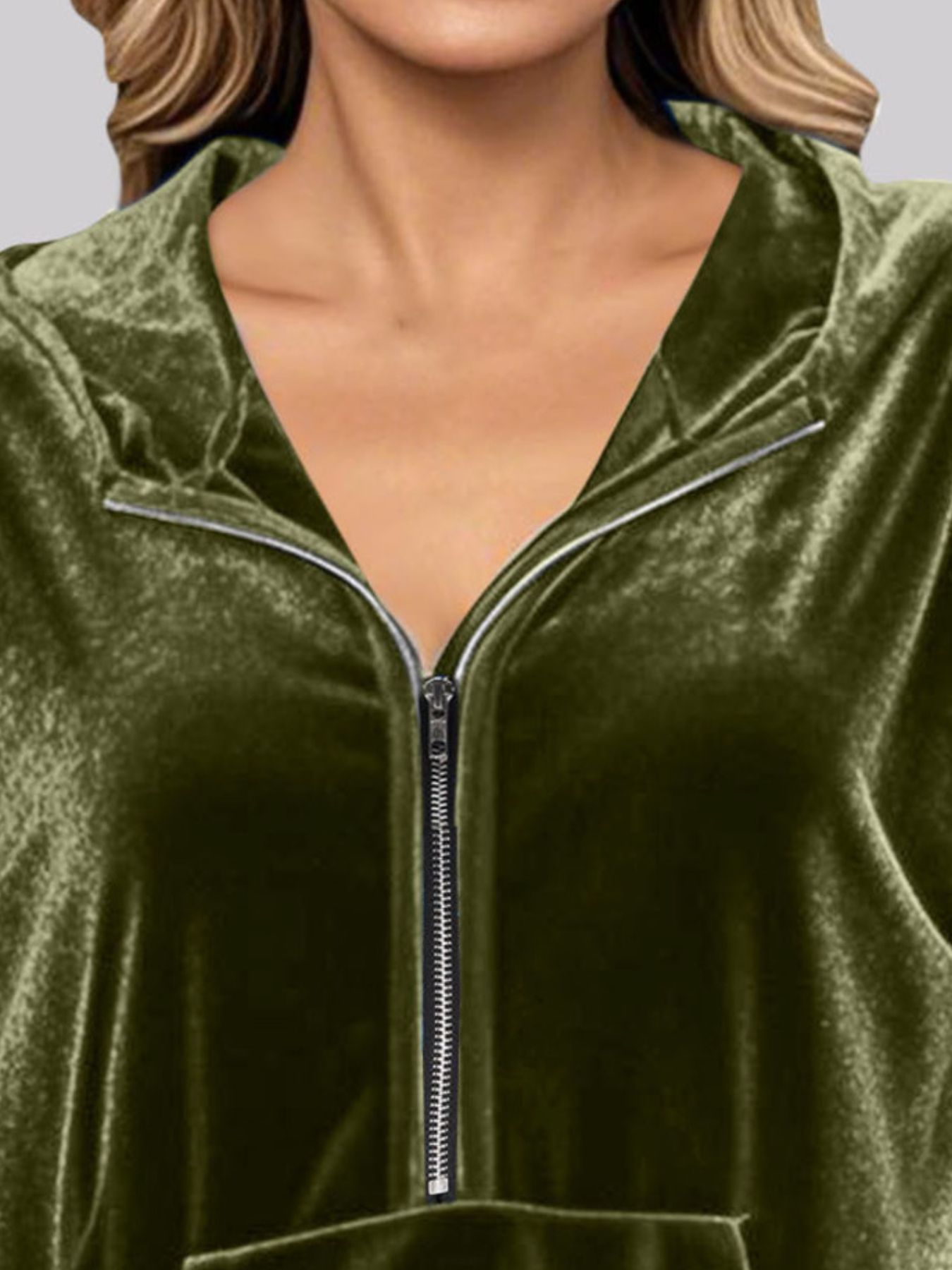 Full Size Velvet Half Zip Hoodie with Kangaroo Pocket Plus Size