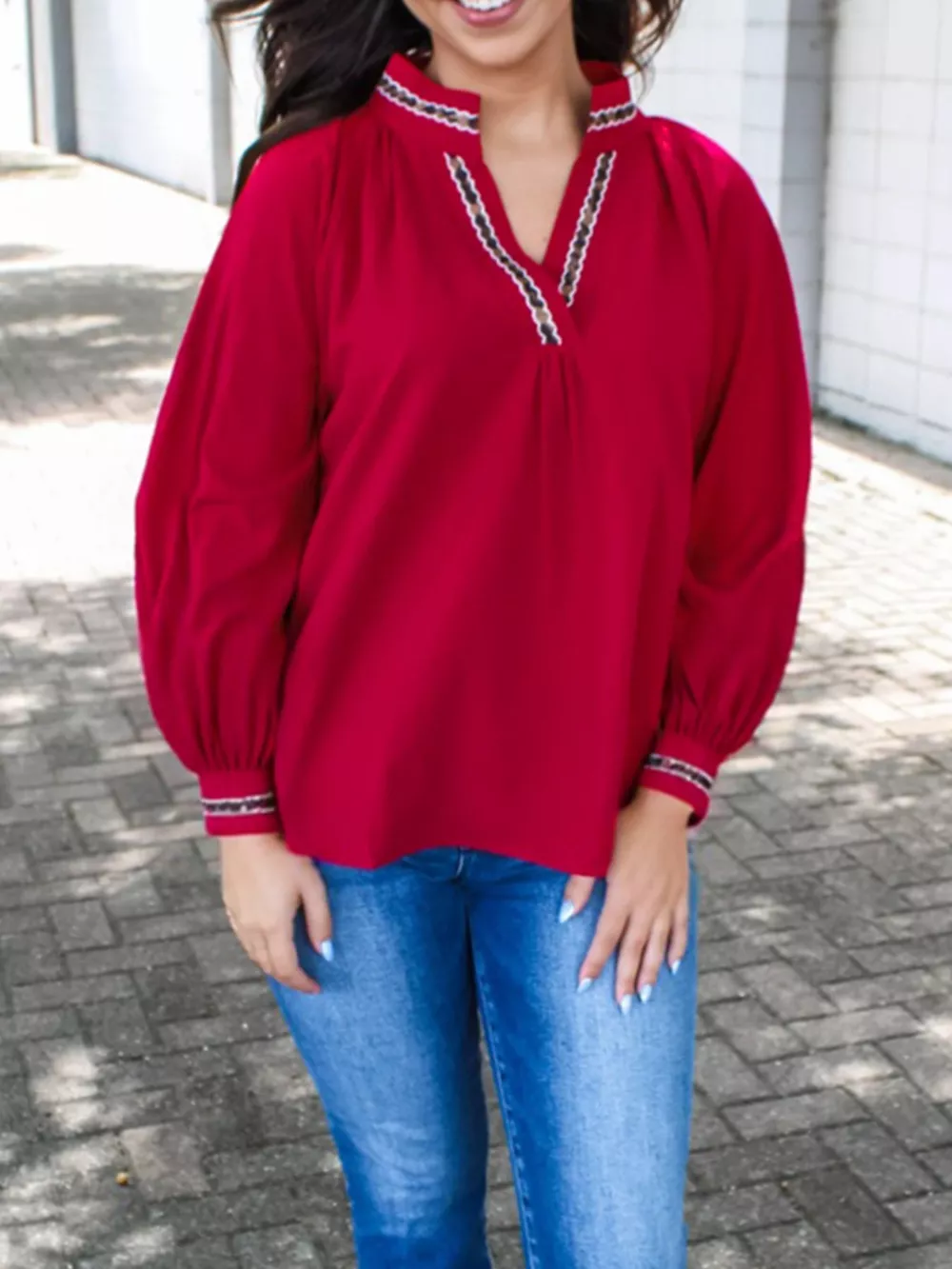 Leopard Notched Long Sleeve Blouse